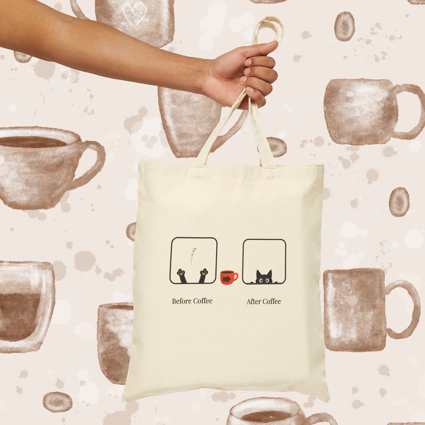 "Before Coffee / After Coffee" Canvas Tote Bag, Cat & Coffee Cute Illustration