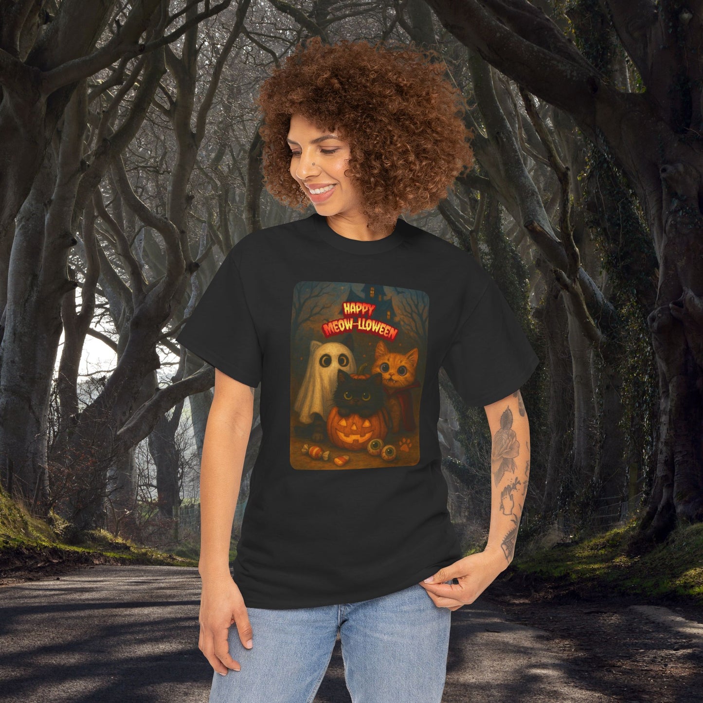 Happy Meow-lloween Unisex Tee, Halloween Cat T-Shirt, Cat Lover Shirt, Ghost and Cat Design, Cozy Fall Apparel, Spooky Season Clothing