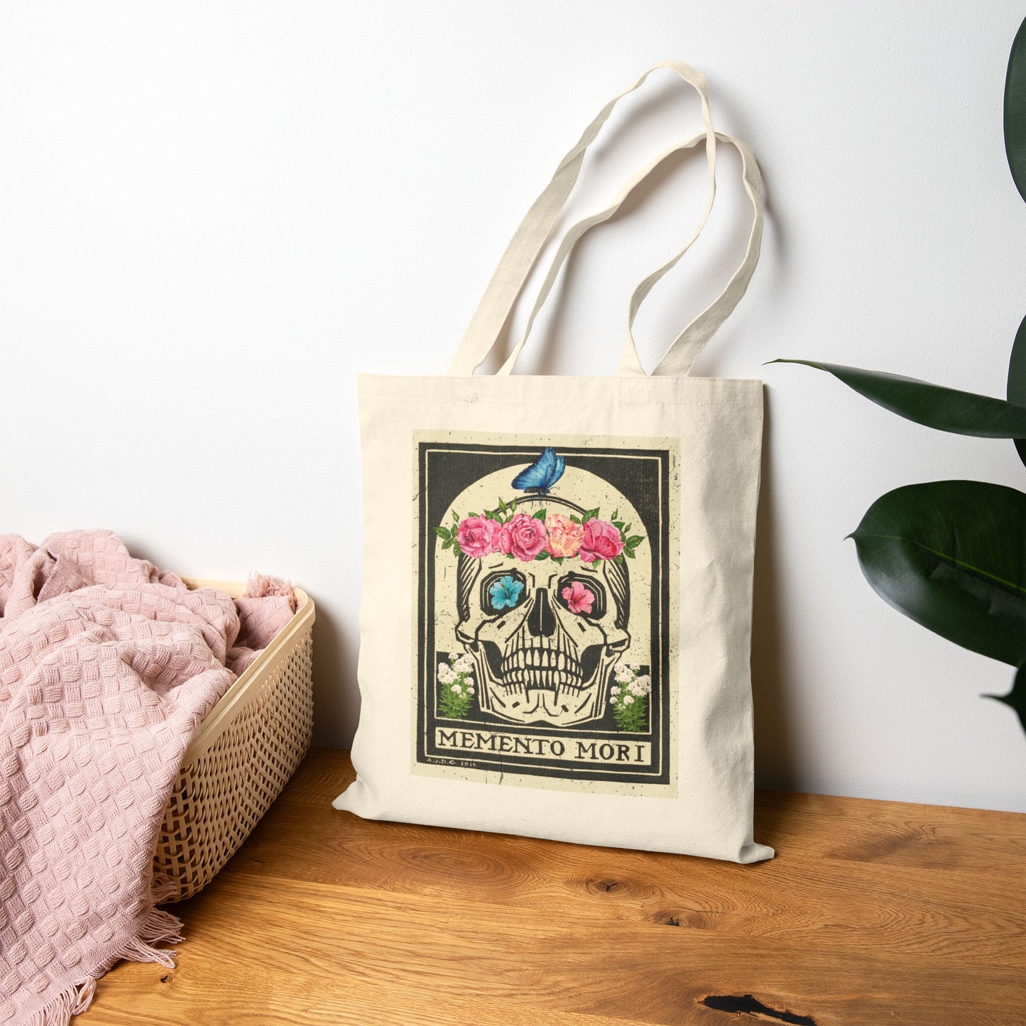 Memento Mori Floral Skull Tote Bag, Eco-Friendly Shopping Bag, Boho Chic Gift, Reusable Market Tote, Stylish Carryall