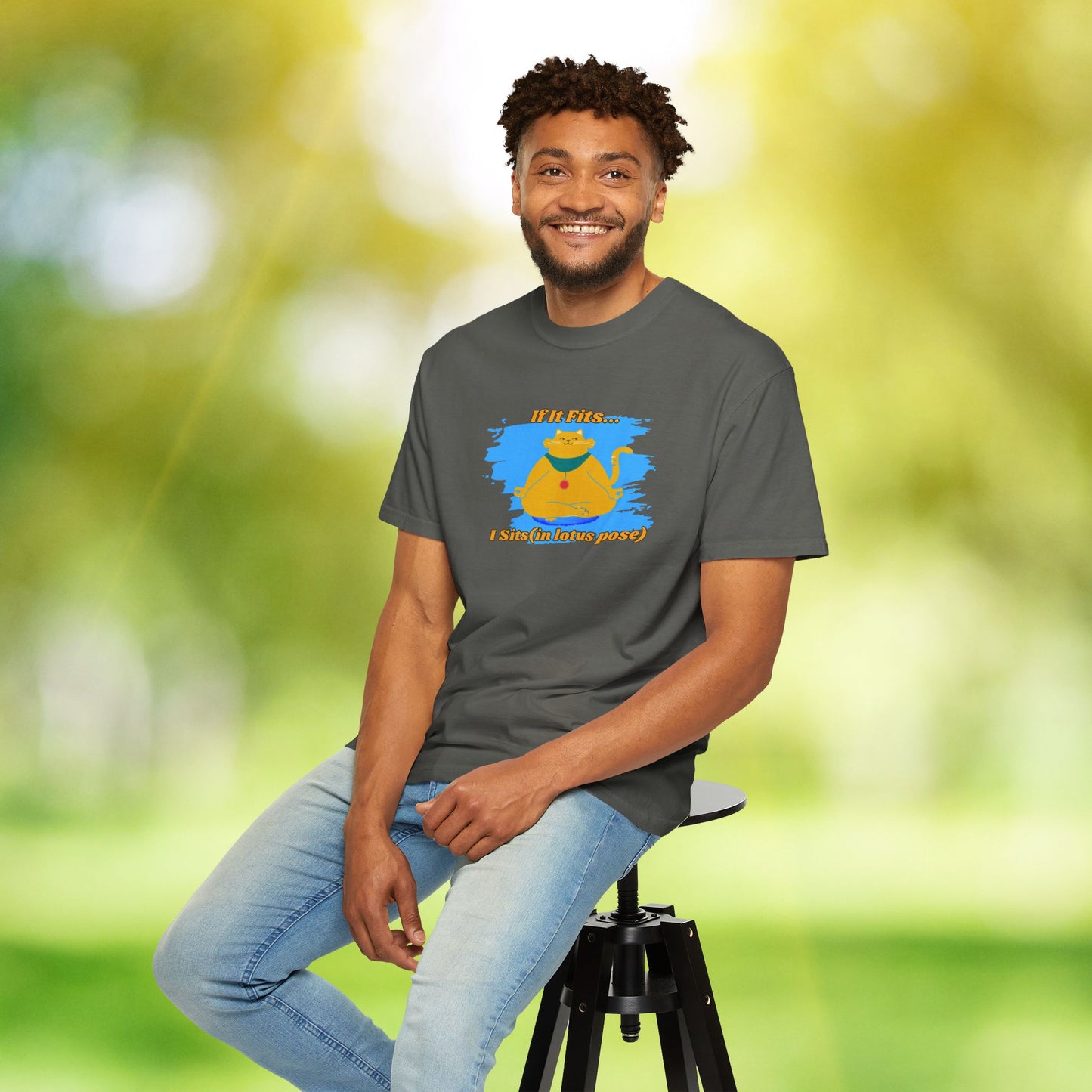 "If It Fits, I Sit" - Relaxed Yoga Cat T-shirt, Yoga Apparel, Animal Lover Gift, Meditation Top, Funny Cat Shirt