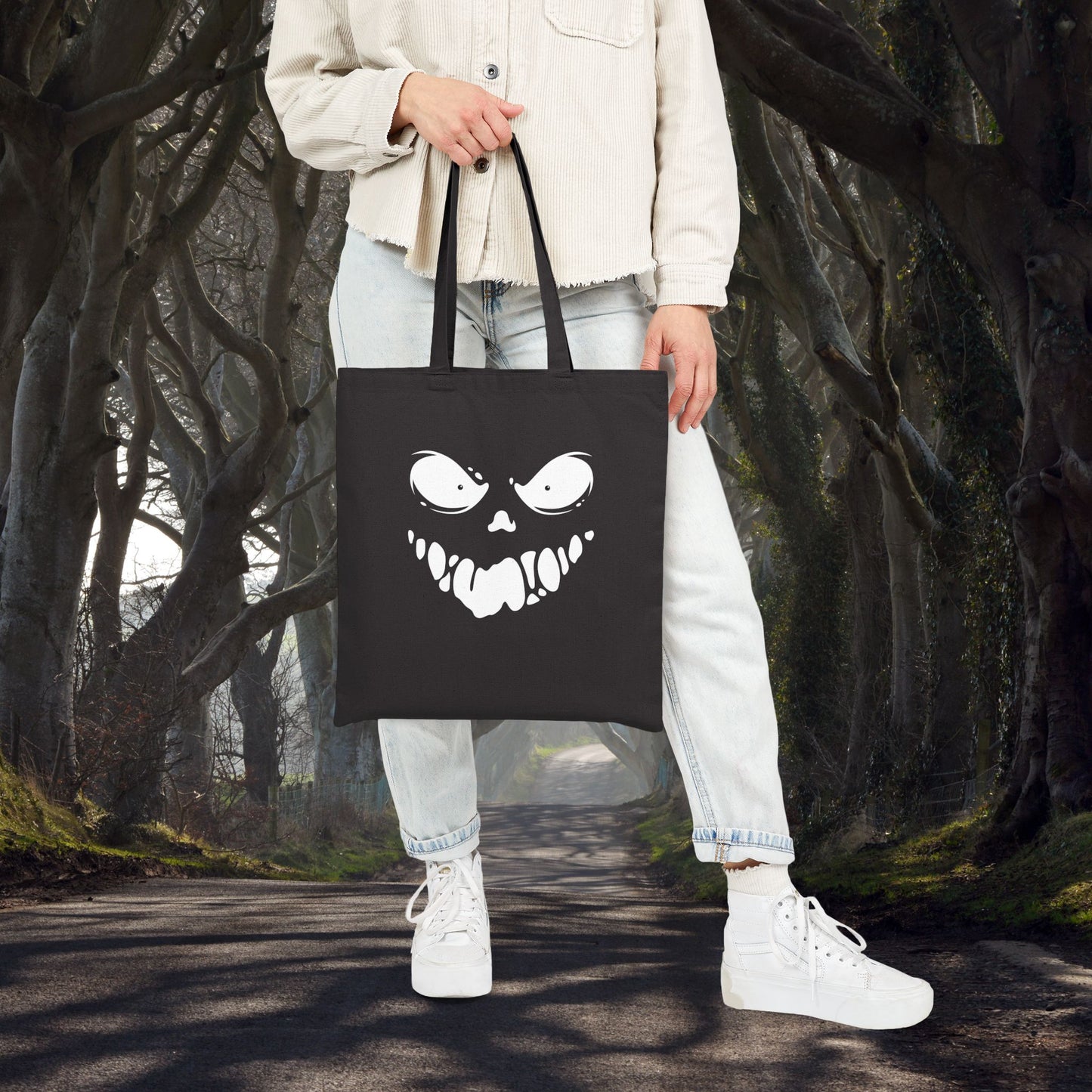 Sinister Grin at Midnight Canvas Tote Bag, Horror Tote, Trick or Treat Bag, Witchy Tote, Halloween Shopping Bag, Halloween Gift