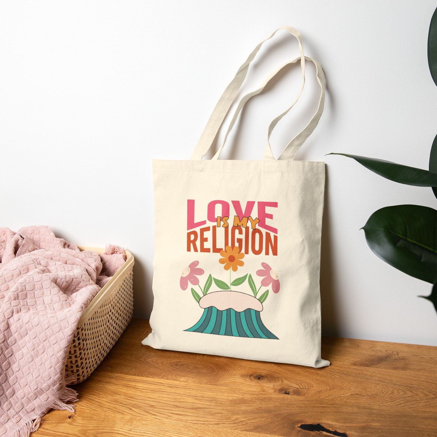 Love Is My Religion Cotton Tote — Floral Retro Canvas Bag