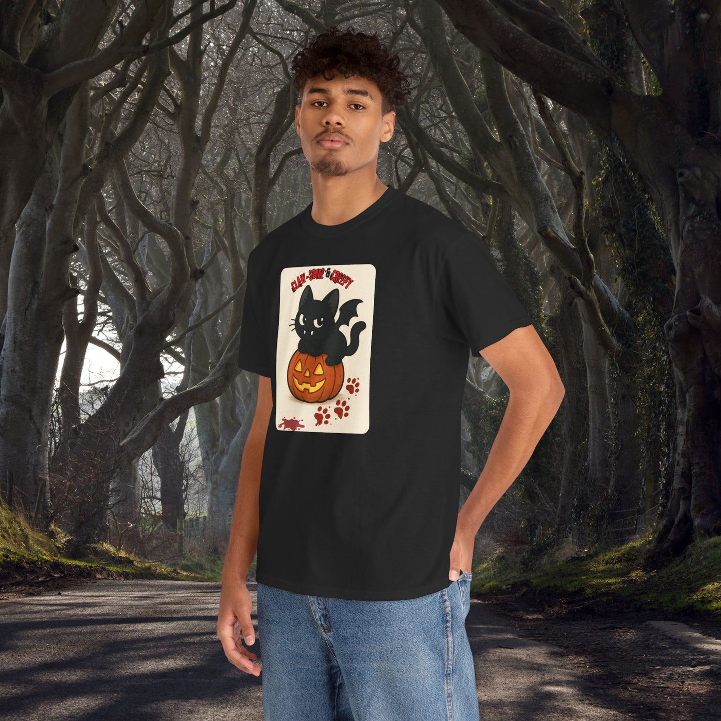 Claw-Some and Creepy - Halloween Cat Tee, Black Cat T-Shirt, Pumpkin Graphic Tee, Spooky Season Apparel, Cute Halloween Gift