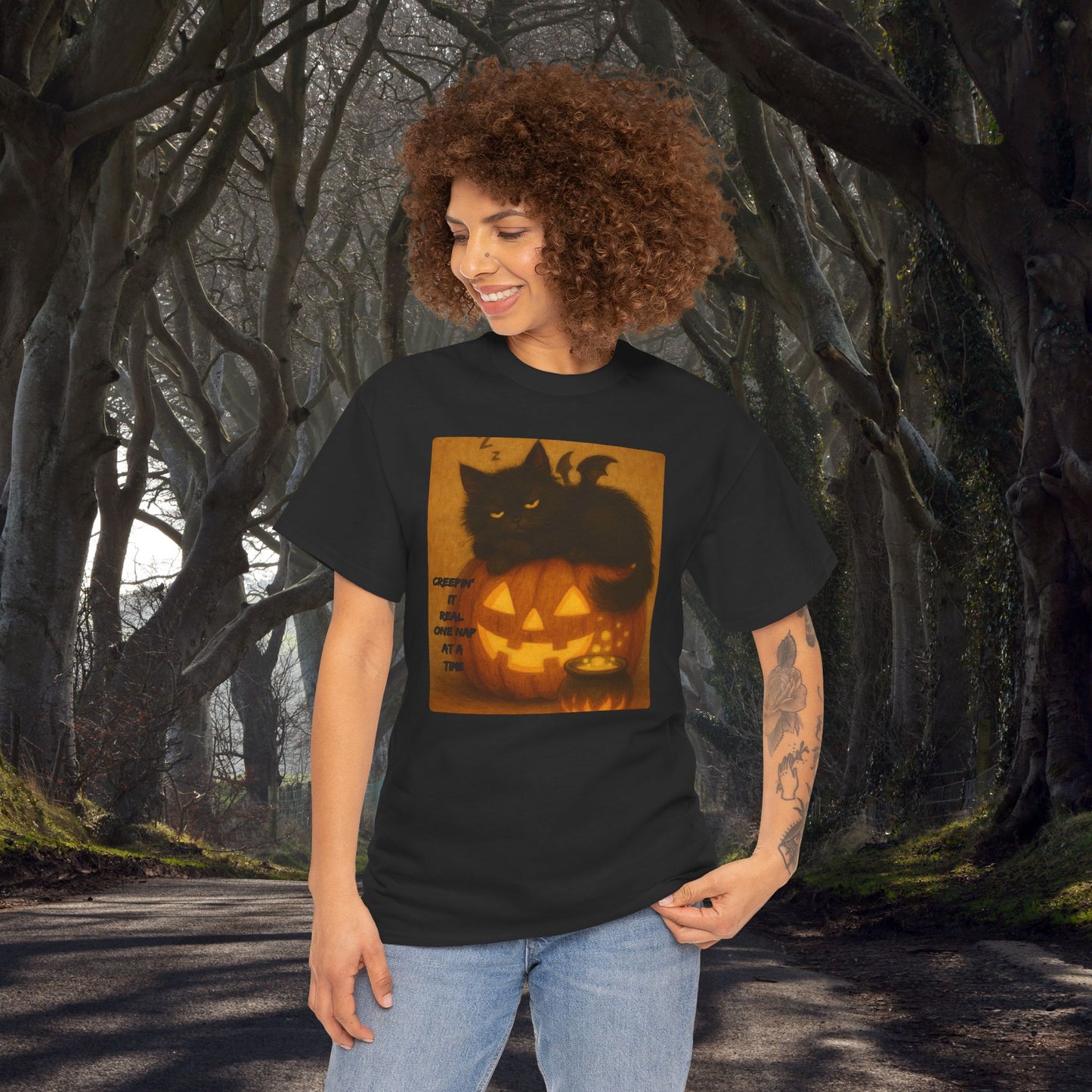 Creepin' It Real, One Nap at a Time - Halloween Cat Tee, Spooky Shirt, Perfect for Halloween Parties, Gifts, Autumn Fashion, Witchy Cat Lovers
