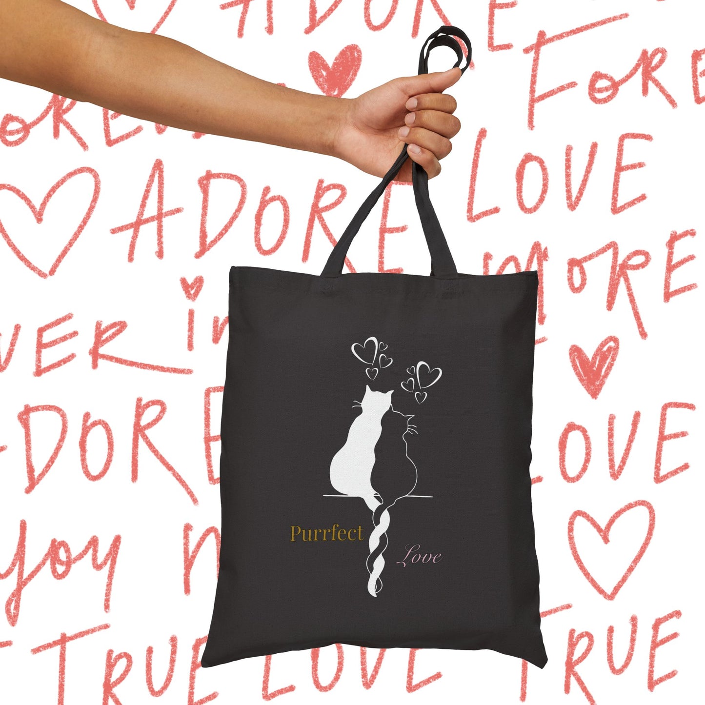 Love Cats Tote Bag — "Purrfect Love" Romantic Cat Couple Canvas Tote