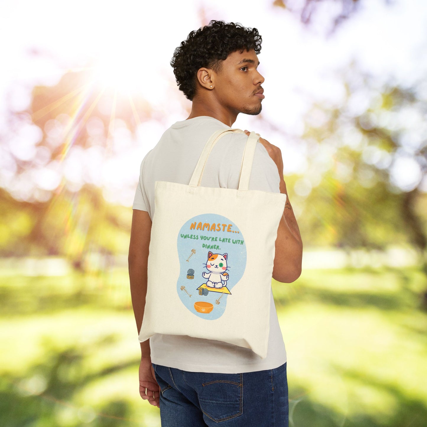 Namaste Cat Canvas Tote Bag, Funny Tote, Eco-Friendly Bag, Gift for Cat Lovers, Yoga Accessory, Reusable Shopping Bag