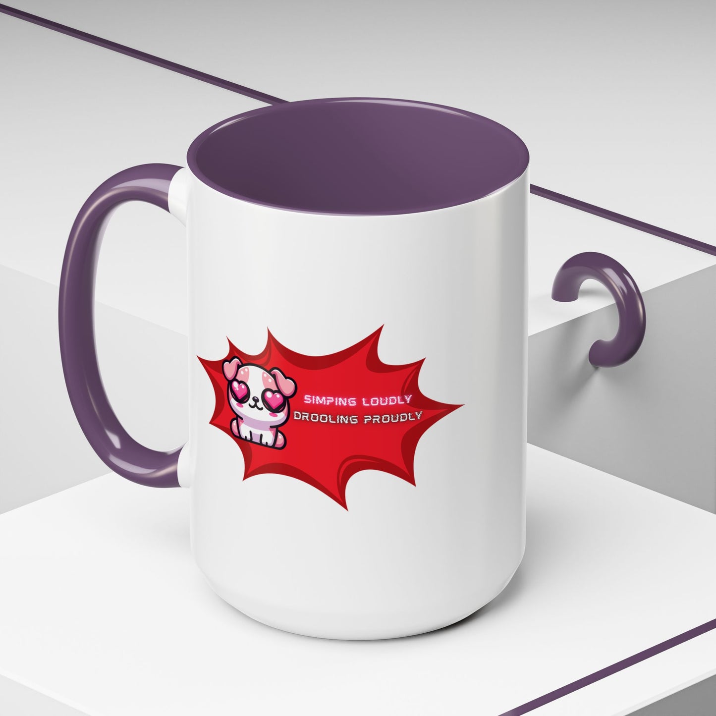 Cute Pink Bulldog Coffee Mug — “Simping Loudly, Drooling Proudly” Kawaii Heart-Eyed