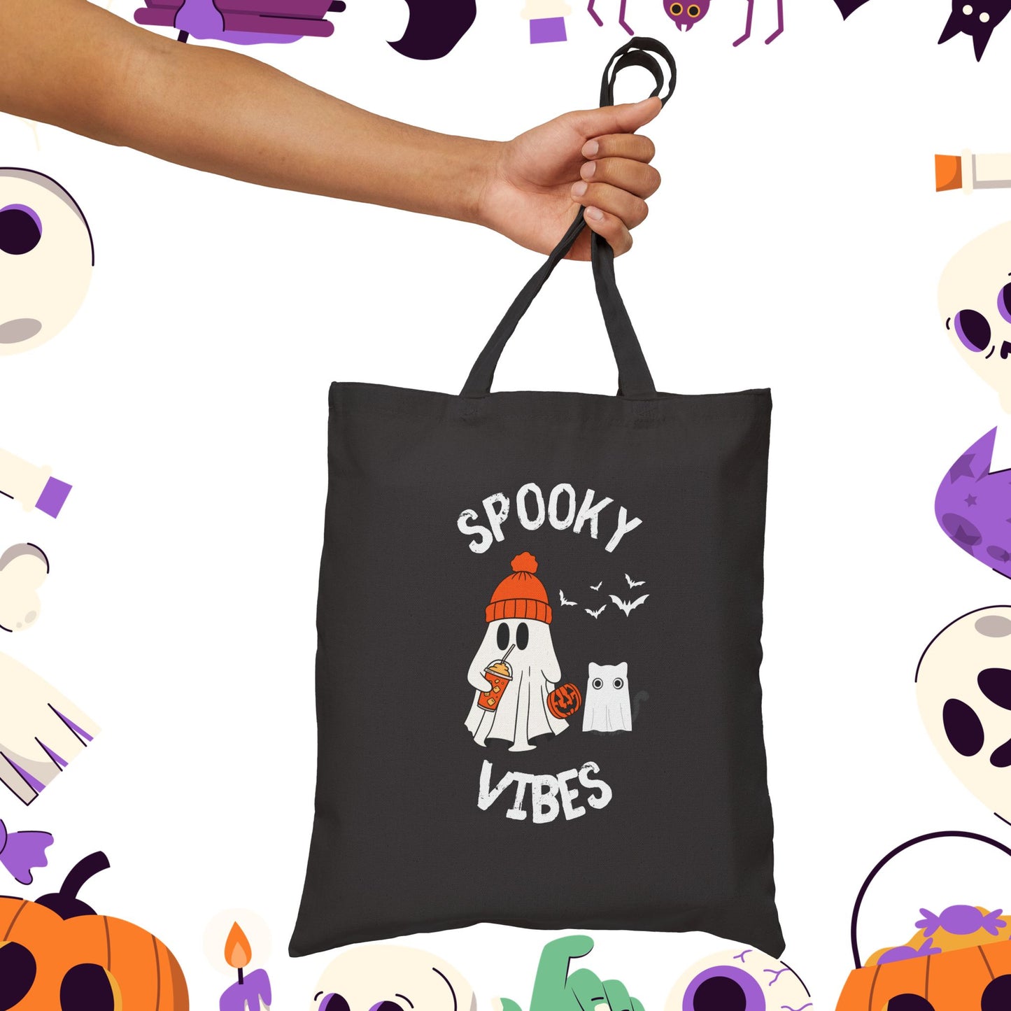 Spooky Vibes Only, Sweet Haunts and Silly Spirits Canvas Tote Bag, Halloween Tote, Trick or Treat Bag, Ghost Shopper, Cute Eco-Friendly Bag
