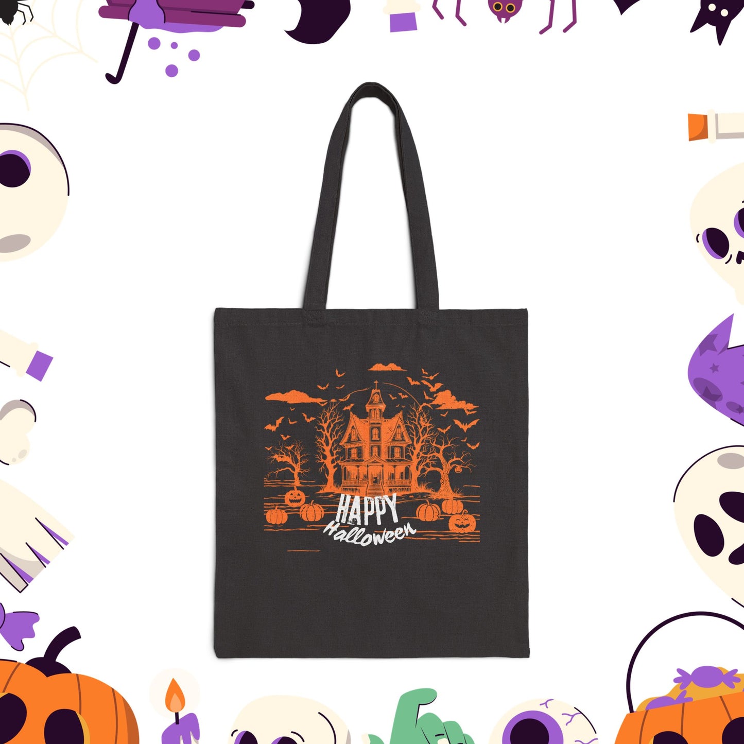 Midnight Mischief at the Haunted Hollow - Happy Halloween Cotton Canvas Tote Bag, Spooky Trick or Treat Bag, Eco-Friendly Halloween Shopping Bag, Fall Festival Tote