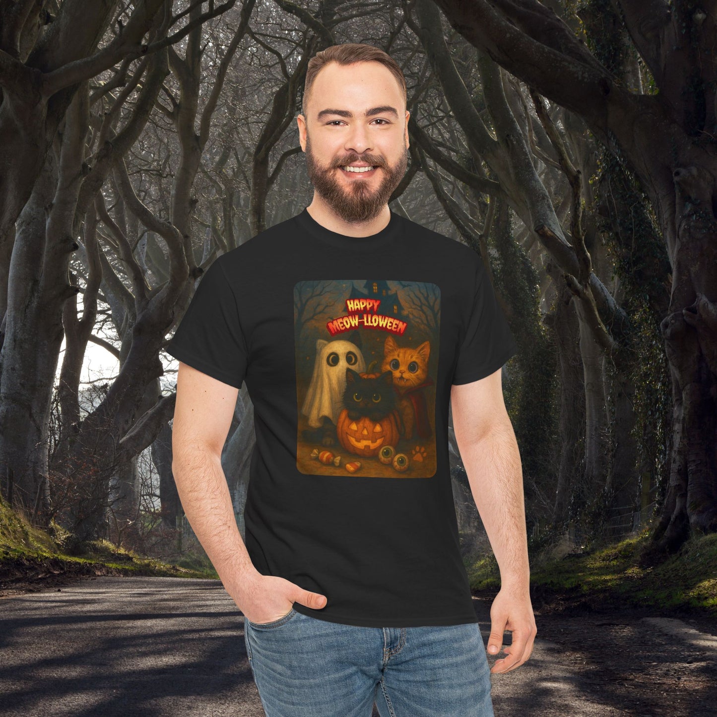 Happy Meow-lloween Unisex Tee, Halloween Cat T-Shirt, Cat Lover Shirt, Ghost and Cat Design, Cozy Fall Apparel, Spooky Season Clothing
