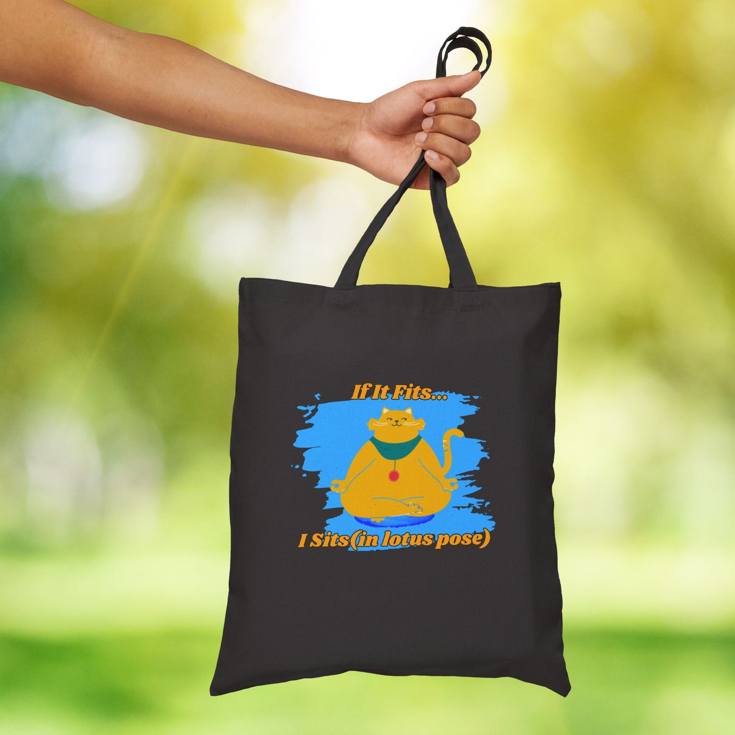 "If It Fits, I Sit" - Playful Yoga Cat Canvas Tote Bag - Eco-Friendly Shopping, Gift for Cat Lovers, Cats, Birthday, Everyday Use, Reusable Bag