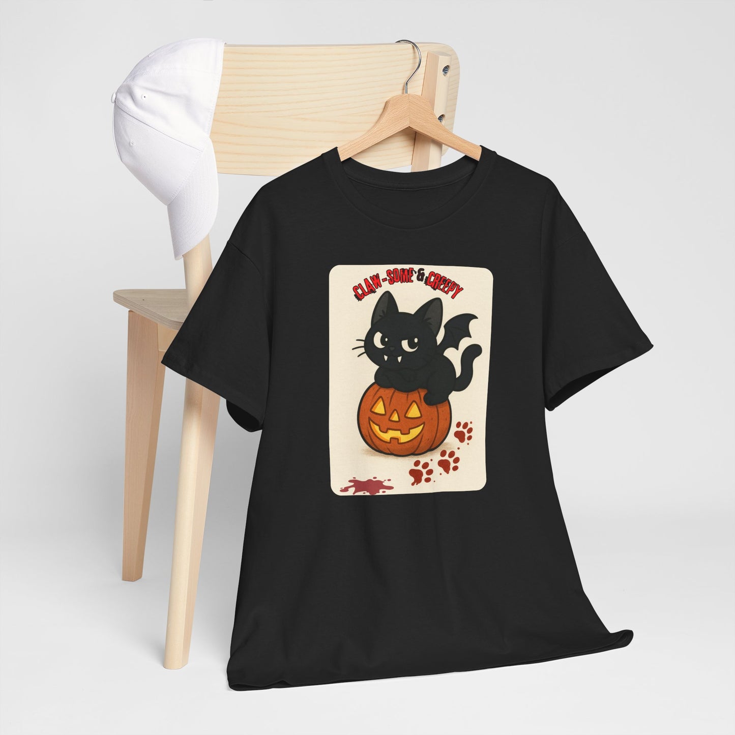 Claw-Some and Creepy - Halloween Cat Tee, Black Cat T-Shirt, Pumpkin Graphic Tee, Spooky Season Apparel, Cute Halloween Gift