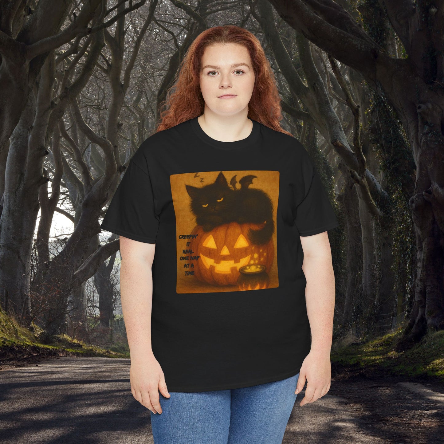 Creepin' It Real, One Nap at a Time - Halloween Cat Tee, Spooky Shirt, Perfect for Halloween Parties, Gifts, Autumn Fashion, Witchy Cat Lovers