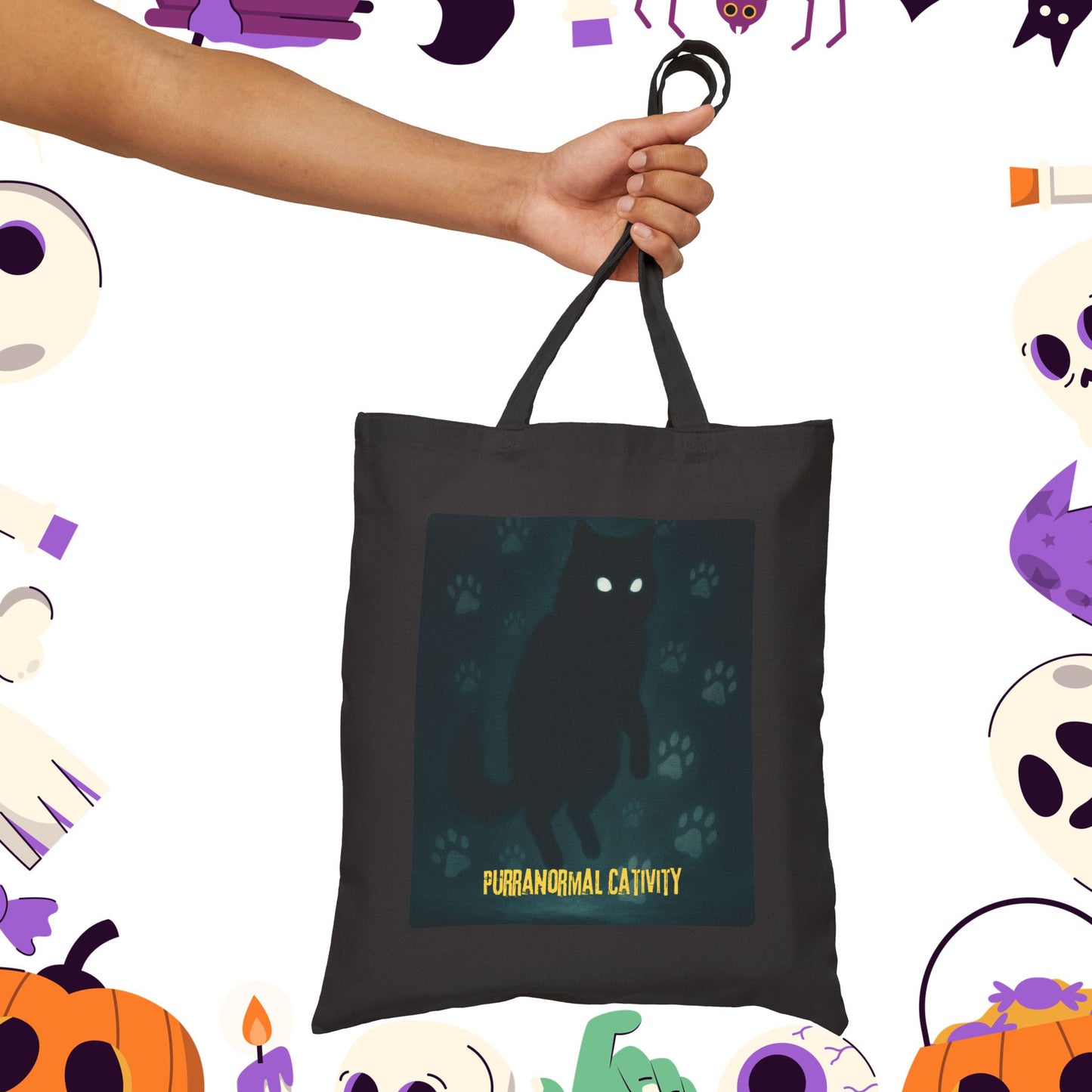 Purranormal Cativity Halloween Cat Cotton Canvas Tote Bag, Spooky Tote, Ghostly Shopping Bag, Eco-Friendly Trick-or-Treat Bag, Paranormal Cativity Bag