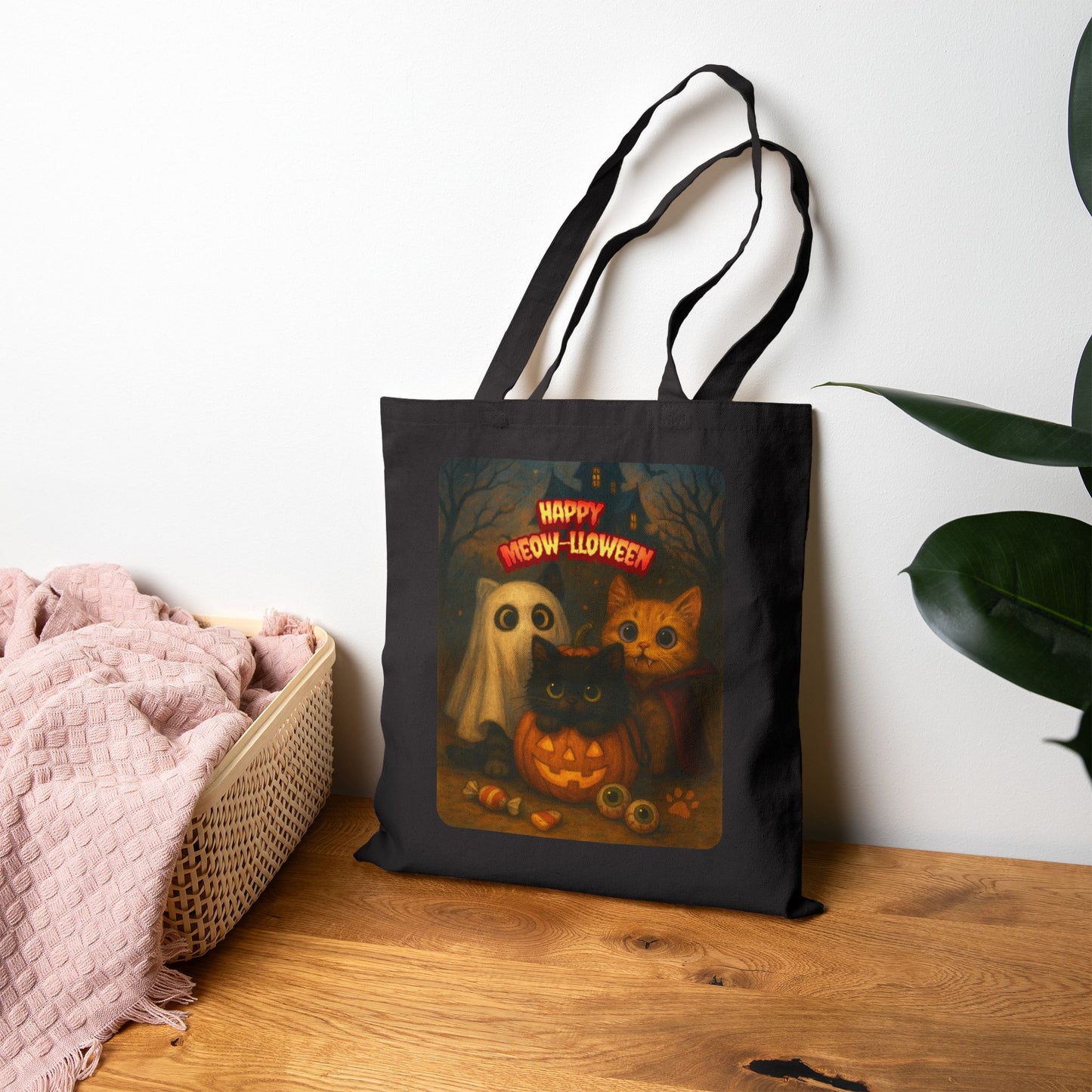 Halloween Cat-Themed Cotton Canvas Tote Bag, Eco-Friendly, Trick or Treat, Party Favor, Fall Decor, Stylish Reusable Bag