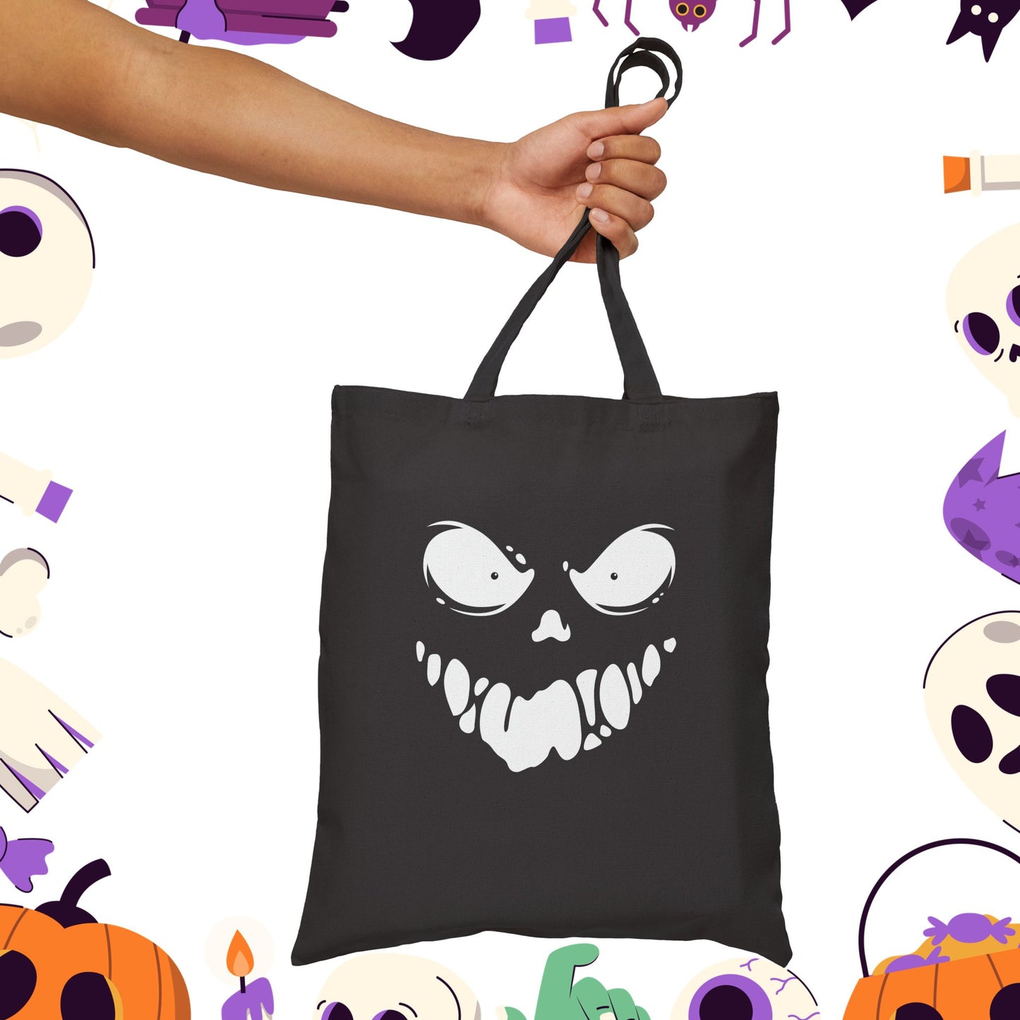 Sinister Grin at Midnight Canvas Tote Bag, Horror Tote, Trick or Treat Bag, Witchy Tote, Halloween Shopping Bag, Halloween Gift