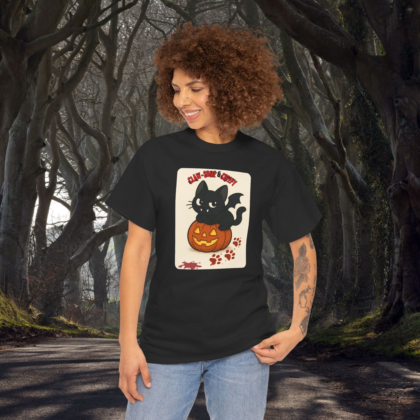 Claw-Some and Creepy - Halloween Cat Tee, Black Cat T-Shirt, Pumpkin Graphic Tee, Spooky Season Apparel, Cute Halloween Gift