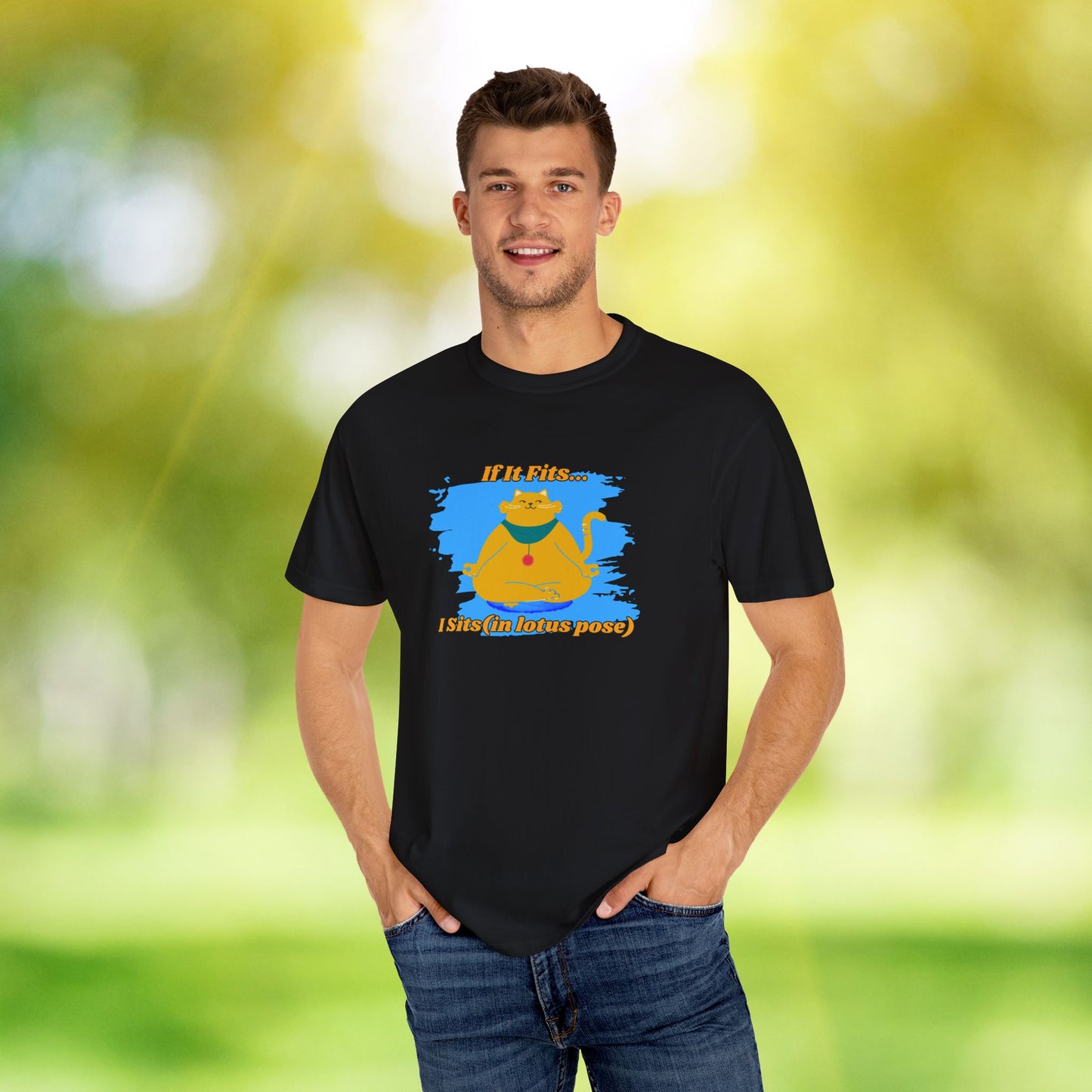 "If It Fits, I Sit" - Relaxed Yoga Cat T-shirt, Yoga Apparel, Animal Lover Gift, Meditation Top, Funny Cat Shirt