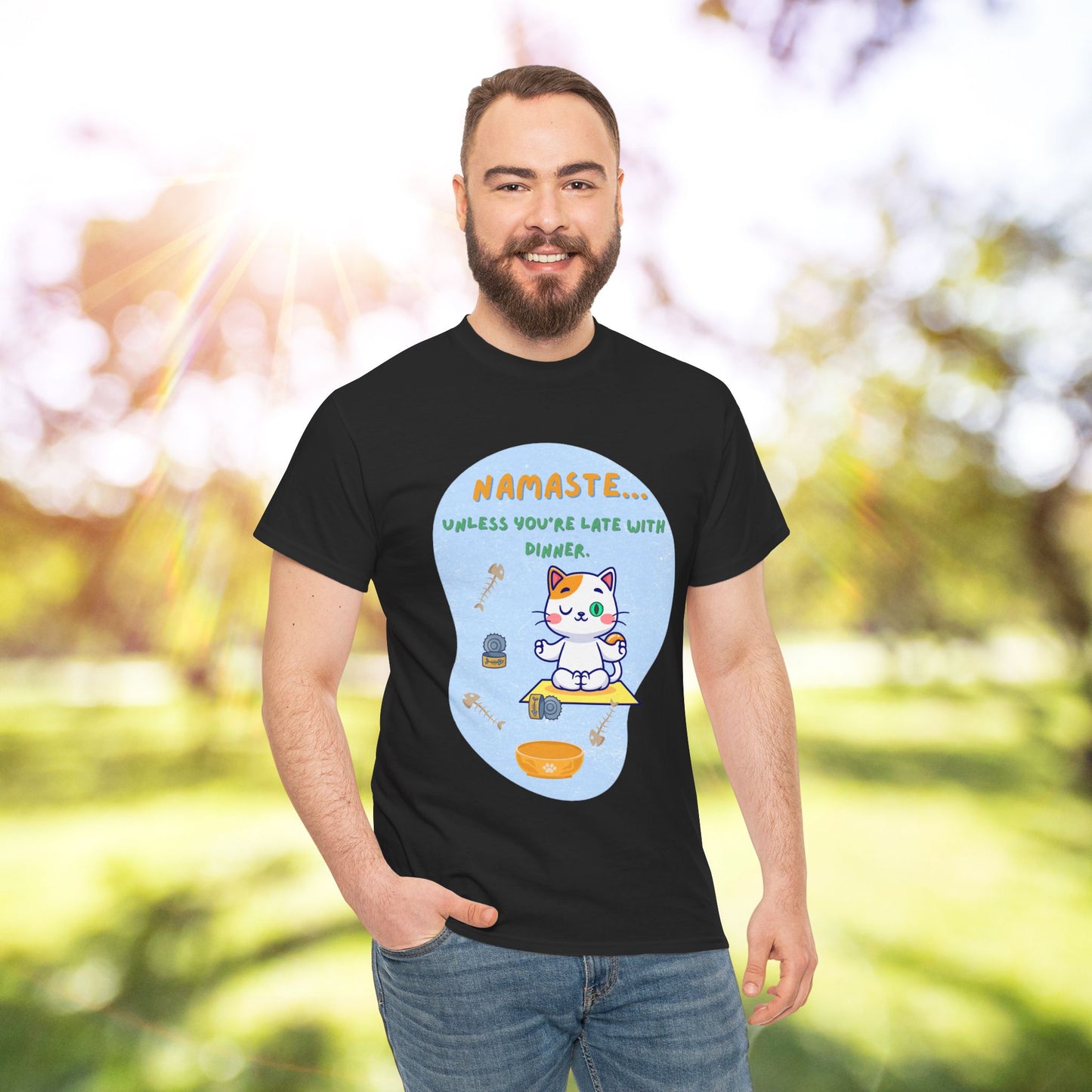 Namaste Cat Unisex Heavy Cotton Tee, Yoga Shirt, Funny Tee, Gift for Cat Lovers, Relaxed Fit T-Shirt