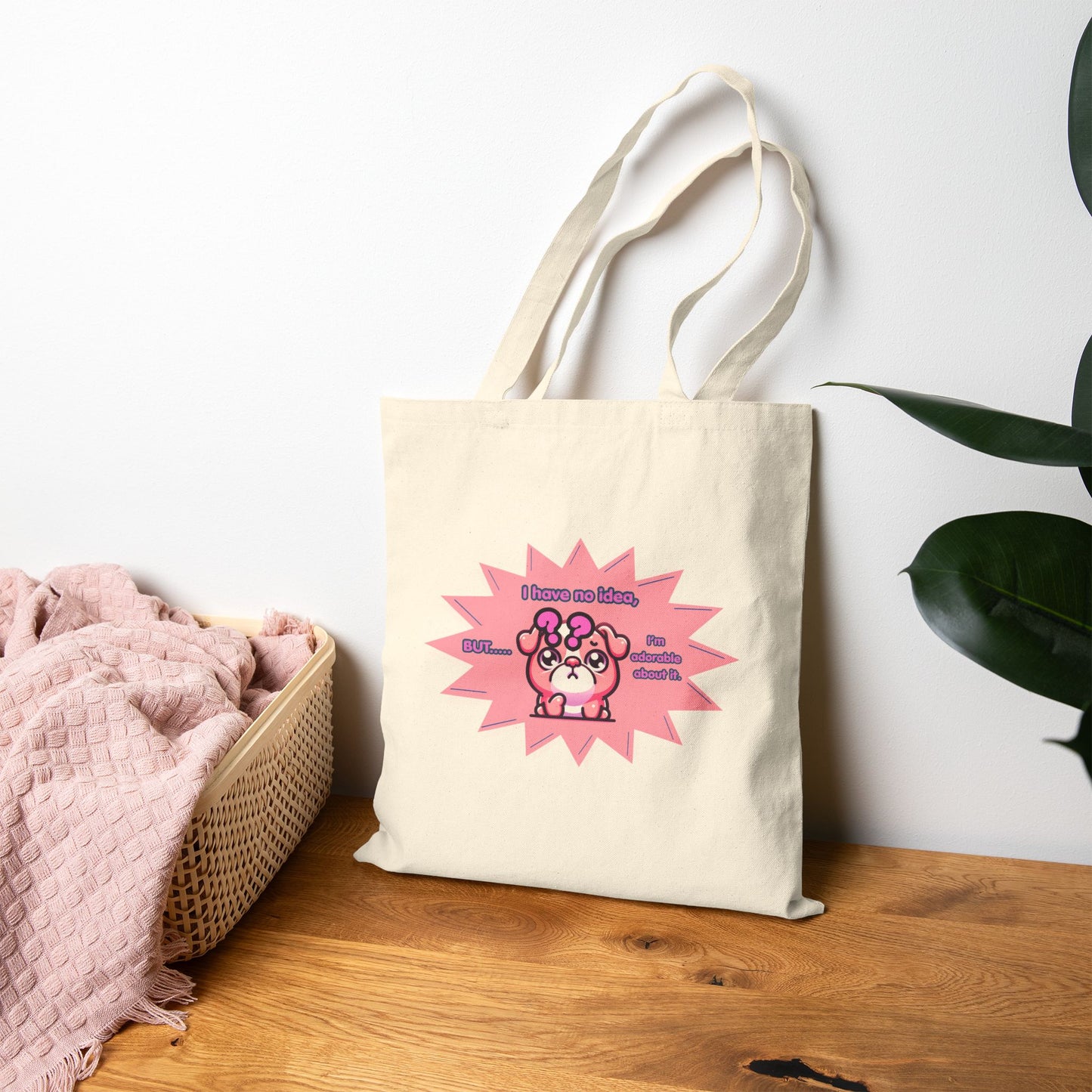 Confused Pink Bulldog Tote Bag — "I have no idea, but... I'm adorable about it."