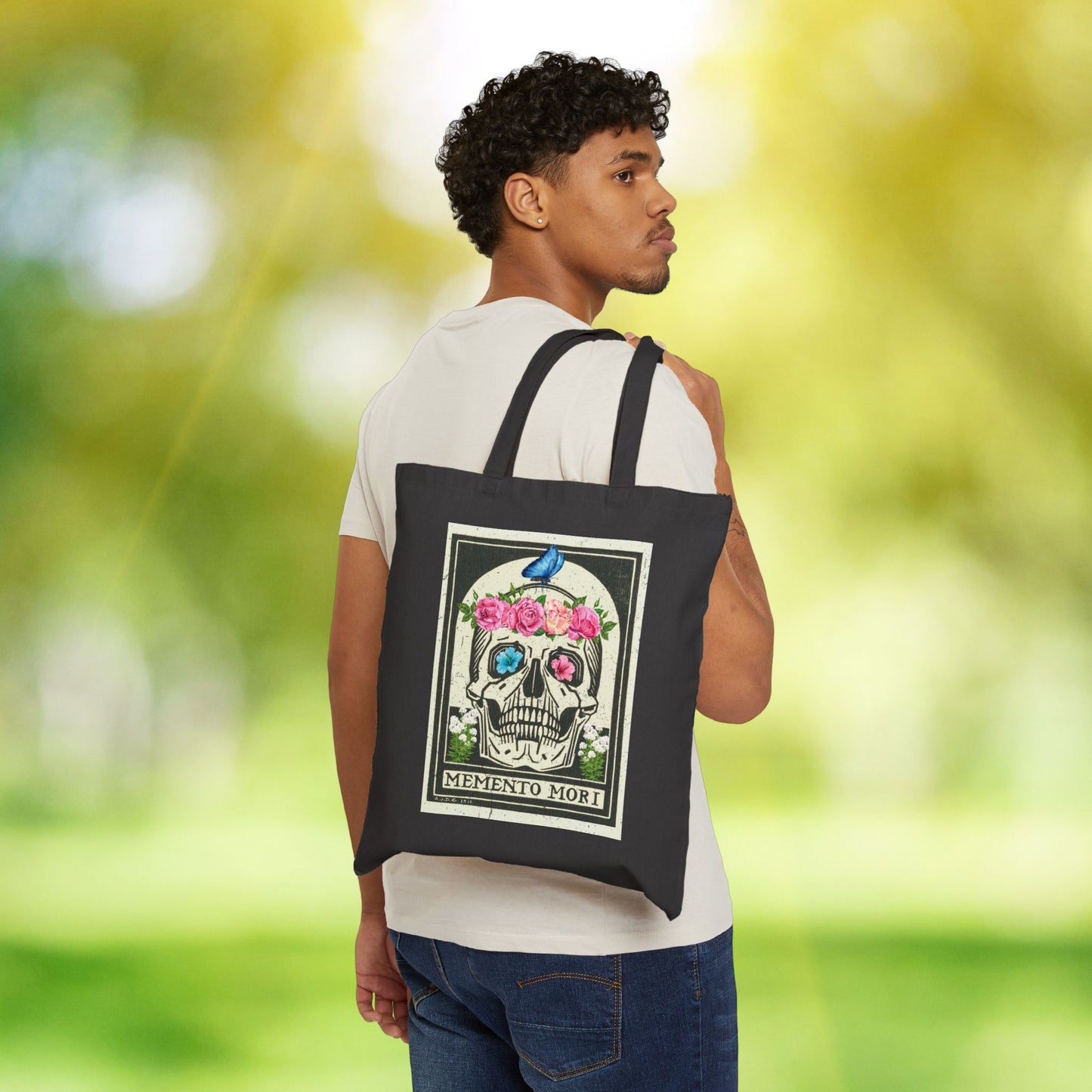 Memento Mori Floral Skull Tote Bag, Eco-Friendly Shopping Bag, Boho Chic Gift, Reusable Market Tote, Stylish Carryall