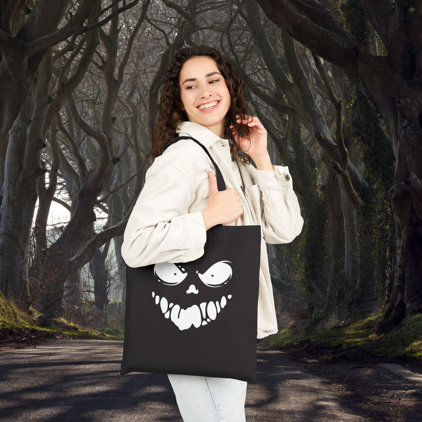 Sinister Grin at Midnight Canvas Tote Bag, Horror Tote, Trick or Treat Bag, Witchy Tote, Halloween Shopping Bag, Halloween Gift
