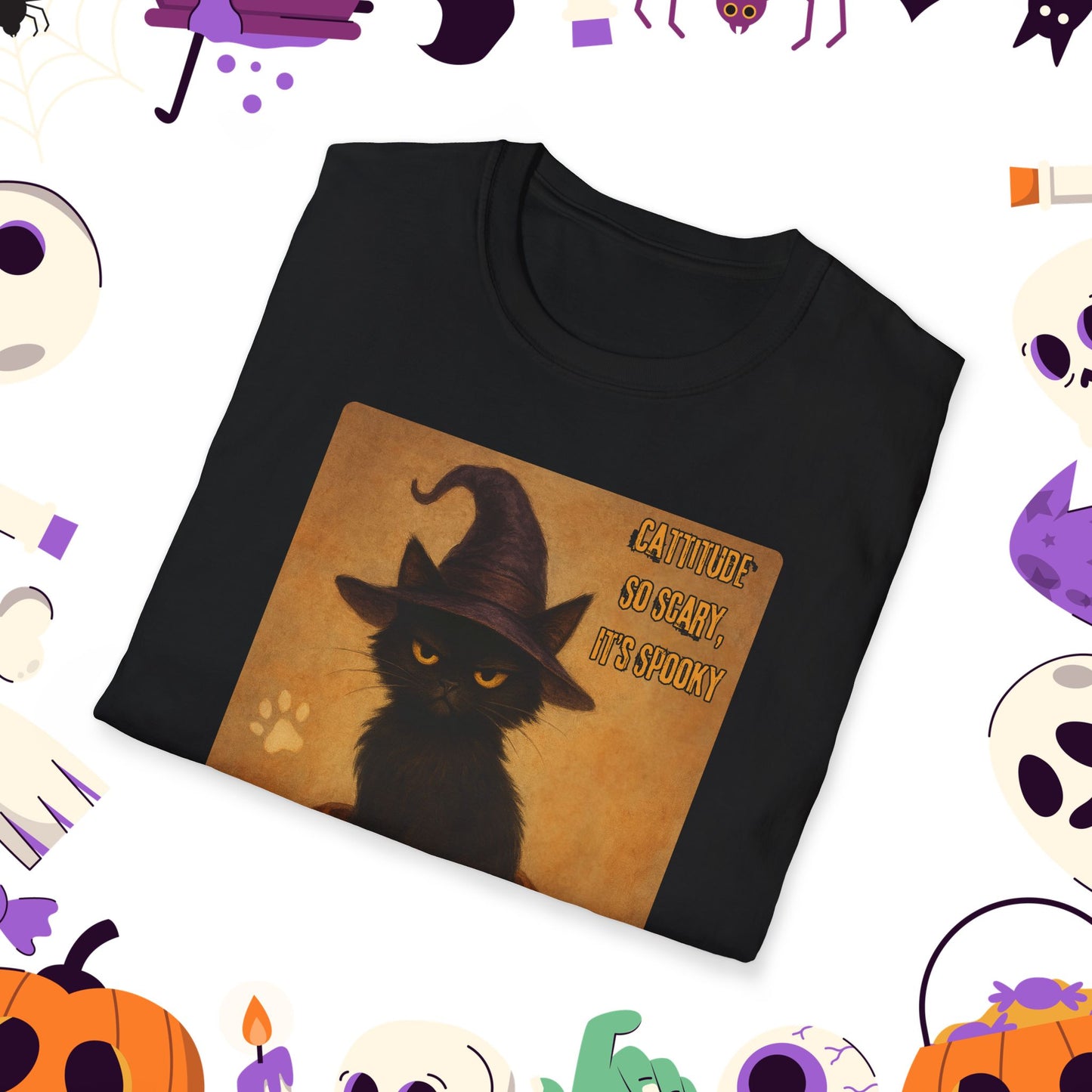 Catitude So Scary, It's Spooky Halloween Cat T-Shirt, Spooky Cat Tee, Unisex Graphic Shirt, Comfortable Halloween Apparel, Perfect for Trick-or-Treating