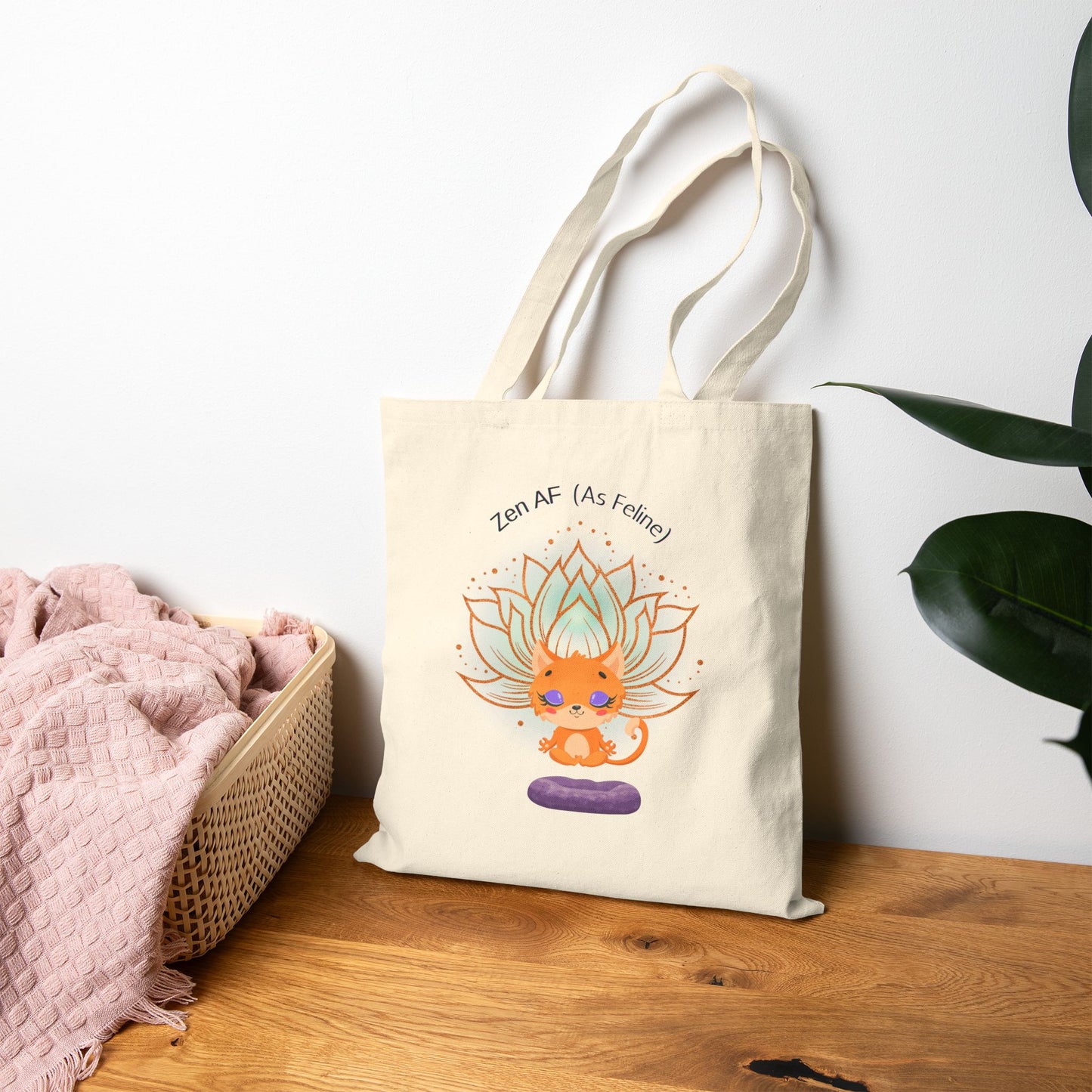 Zen AF (As Feline) - Cotton Canvas Tote Bag, Inspirational Tote, Yoga Bag, Eco-Friendly Shopper, Gift for Mindfulness Lovers