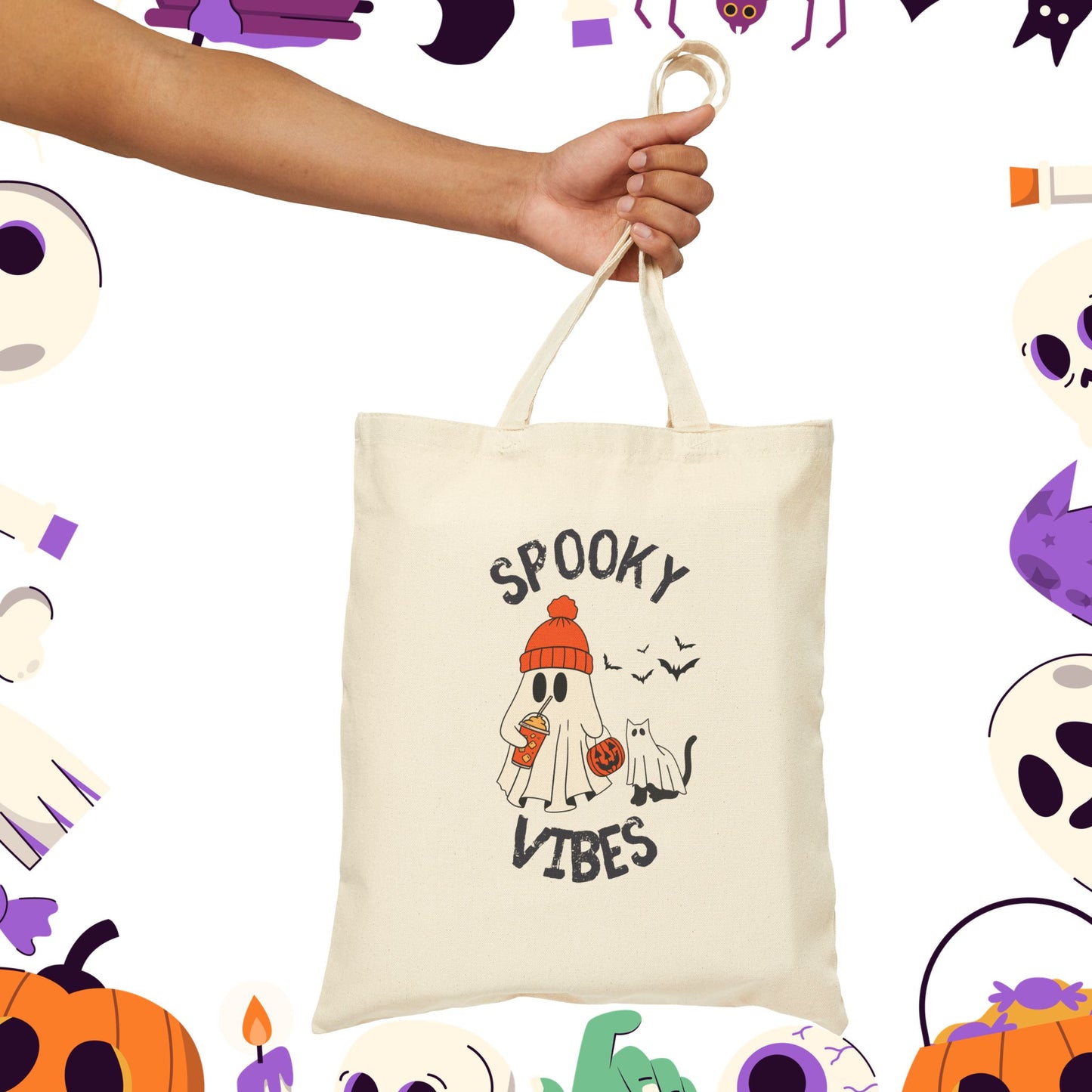 Spooky Vibes Only, Sweet Haunts and Silly Spirits Canvas Tote Bag, Halloween Tote, Trick or Treat Bag, Ghost Shopper, Cute Eco-Friendly Bag