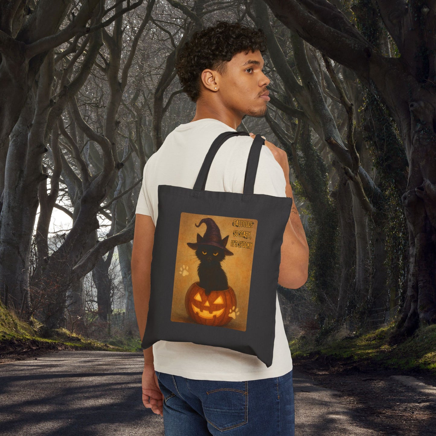 Catitude So Scary, It's Spooky Halloween Cat Tote Bag, Fabric Shopping Bag, Gift for Cat Lovers, Eco-Friendly Reusable Tote, Halloween Decoration