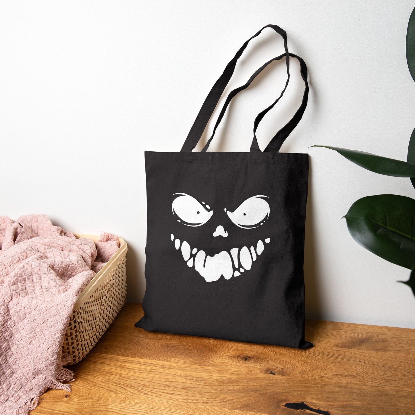 Sinister Grin at Midnight Canvas Tote Bag, Horror Tote, Trick or Treat Bag, Witchy Tote, Halloween Shopping Bag, Halloween Gift