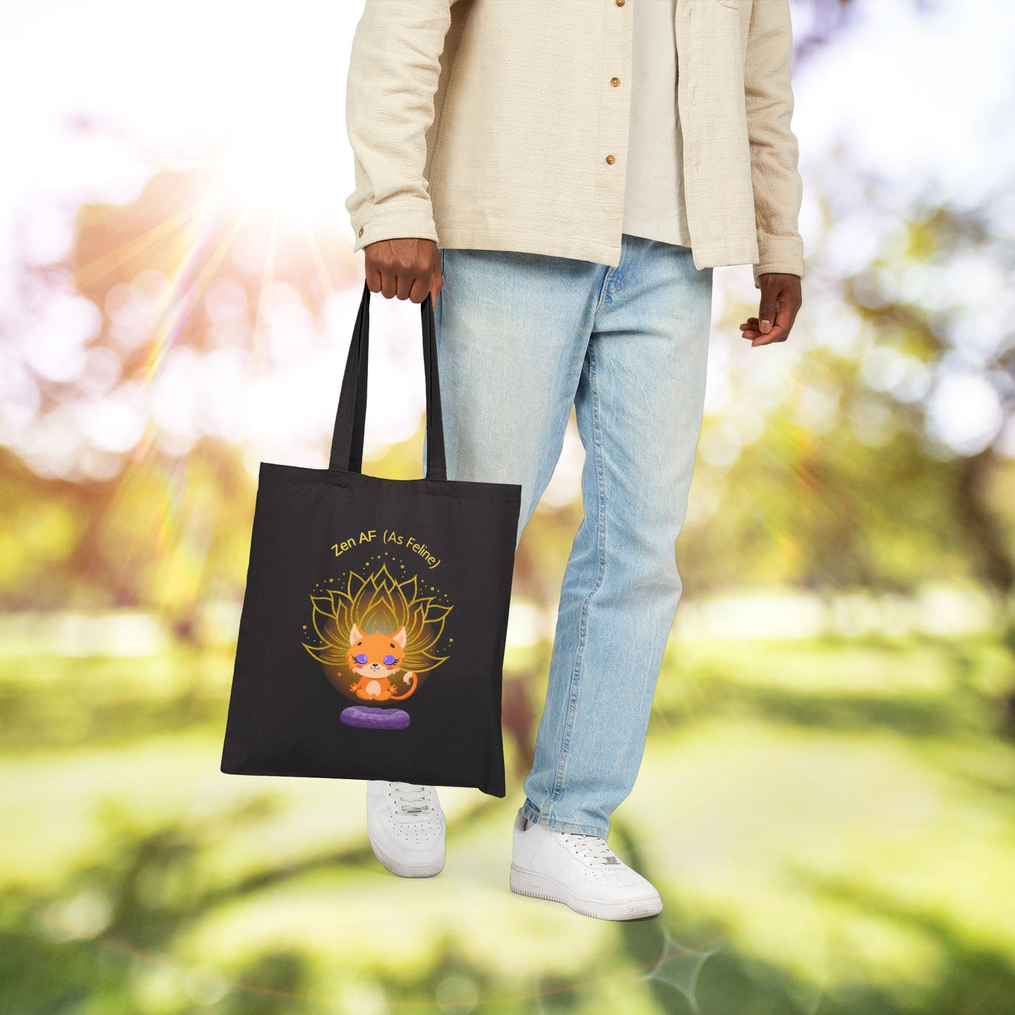 Zen AF (As Feline) - Cotton Canvas Tote Bag, Inspirational Tote, Yoga Bag, Eco-Friendly Shopper, Gift for Mindfulness Lovers