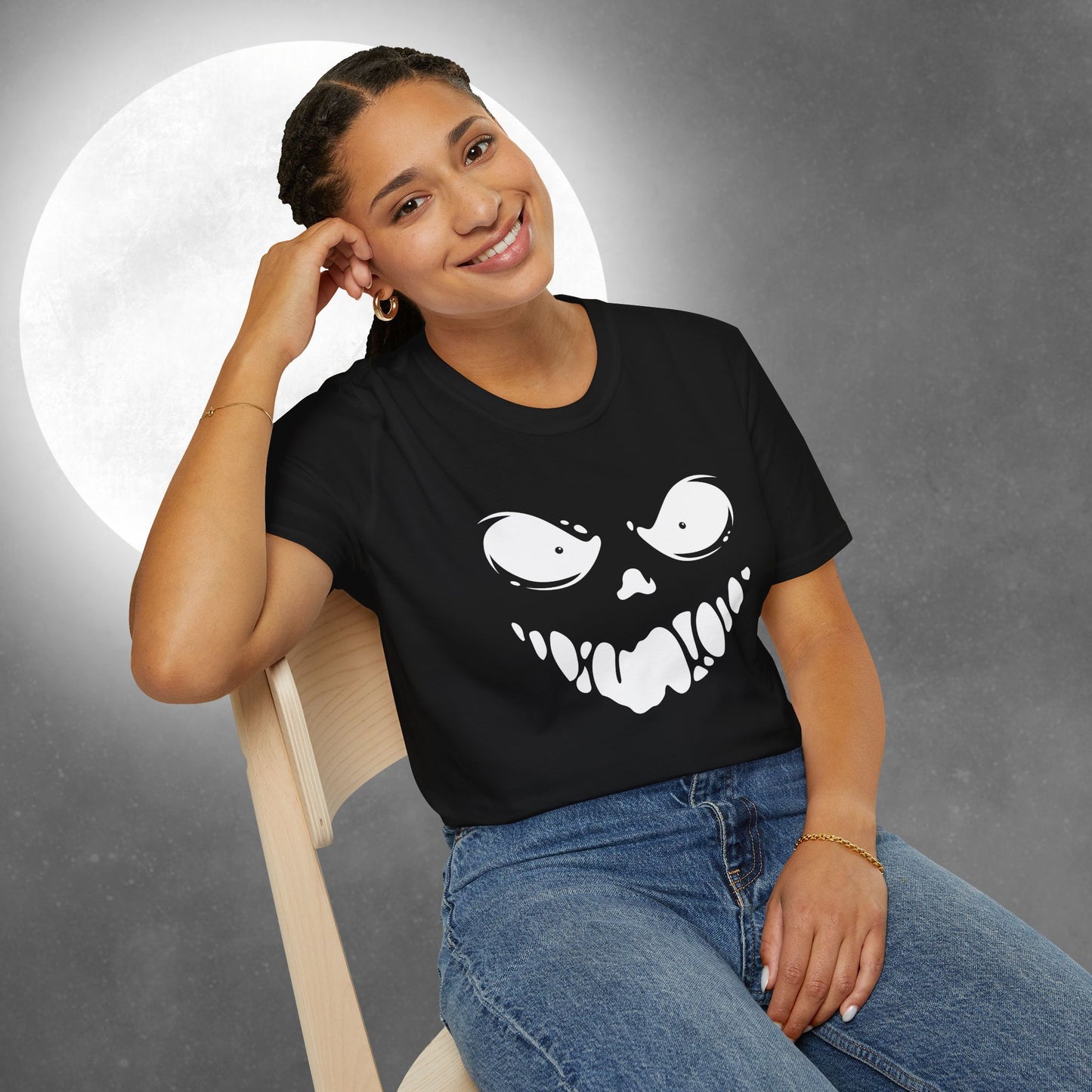Sinister Grin at Midnight Horror T-Shirt | Ghostly Graphic Tee for Halloween Parties, Costume Events, Trick or Treating, October