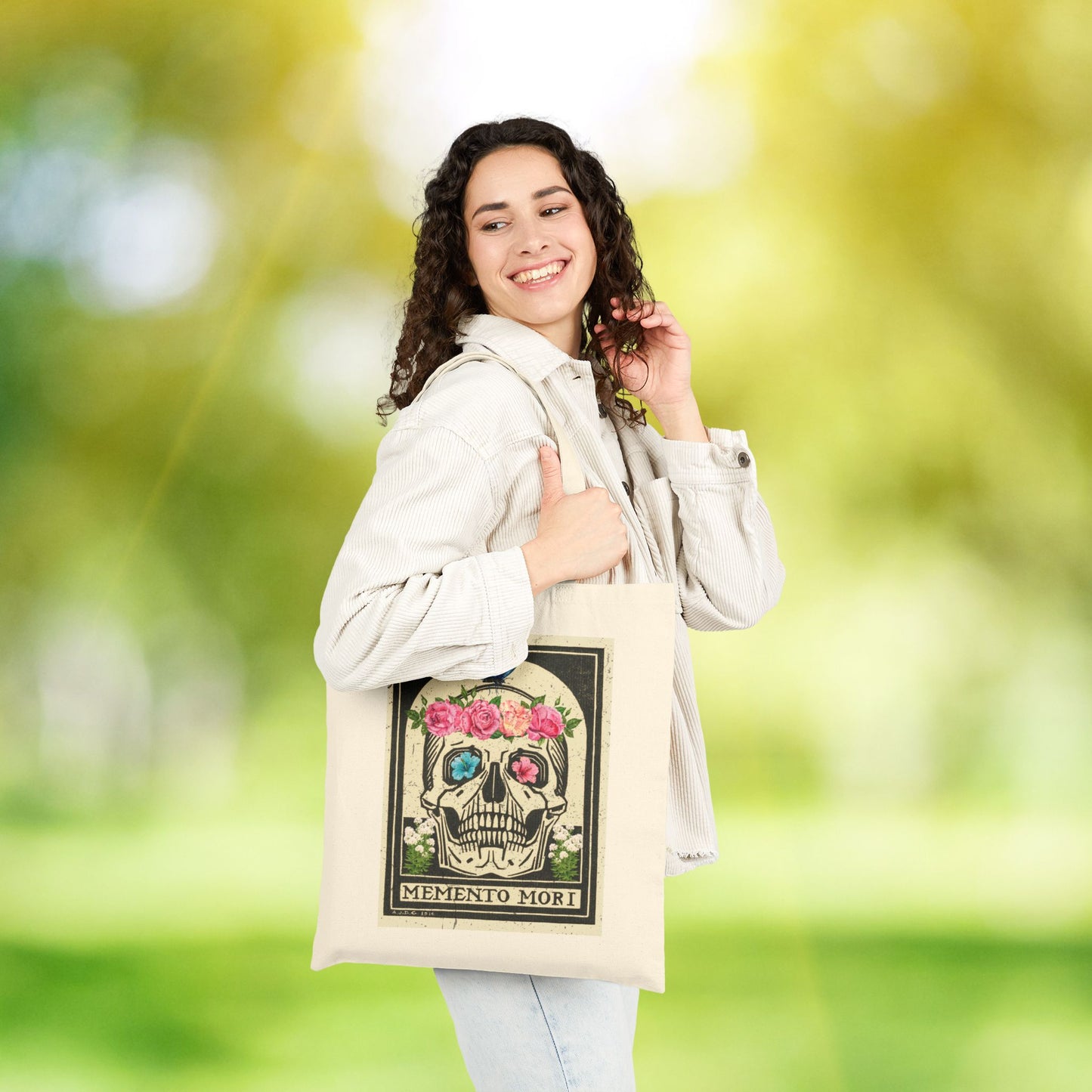 Memento Mori Floral Skull Tote Bag, Eco-Friendly Shopping Bag, Boho Chic Gift, Reusable Market Tote, Stylish Carryall