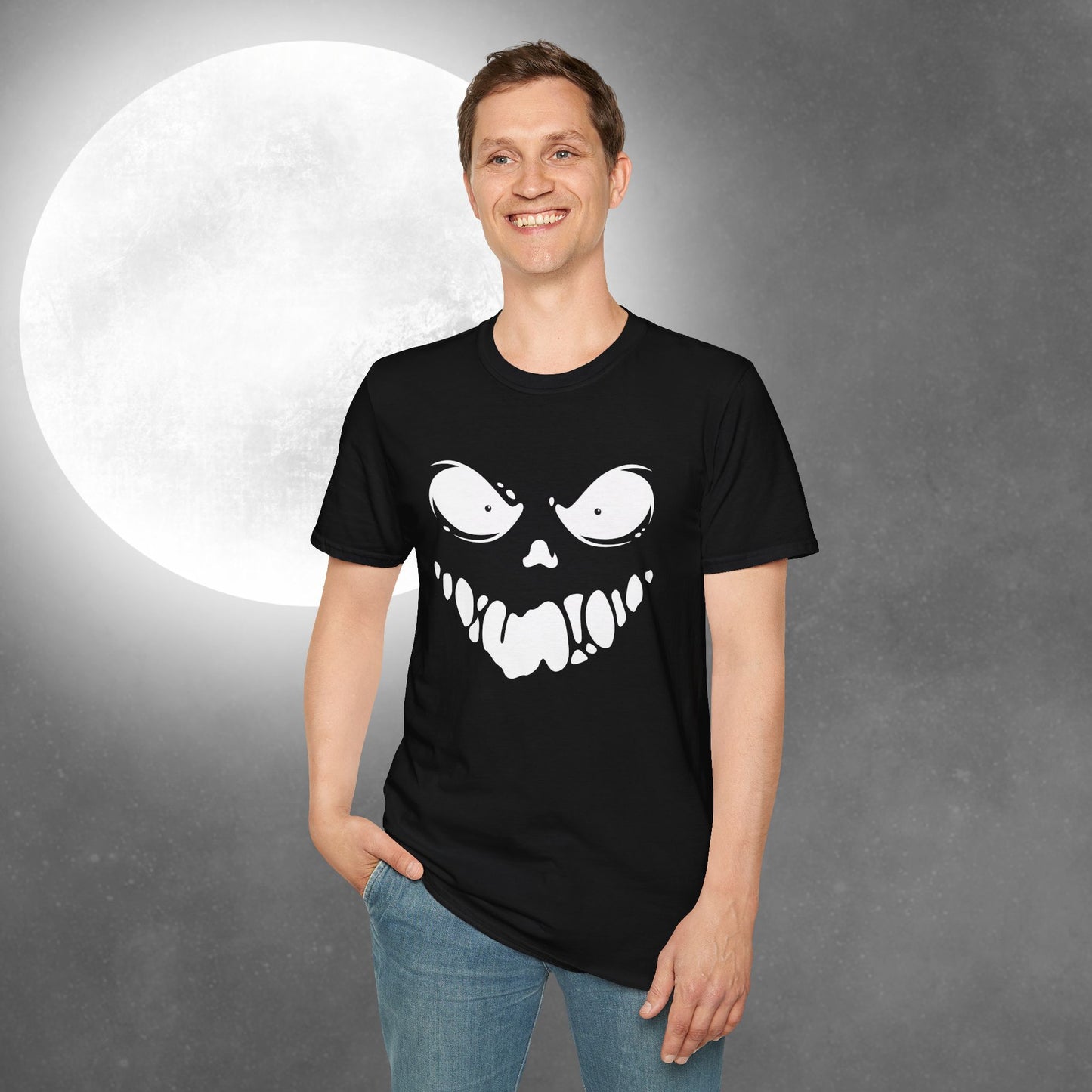 Sinister Grin at Midnight Horror T-Shirt | Ghostly Graphic Tee for Halloween Parties, Costume Events, Trick or Treating, October