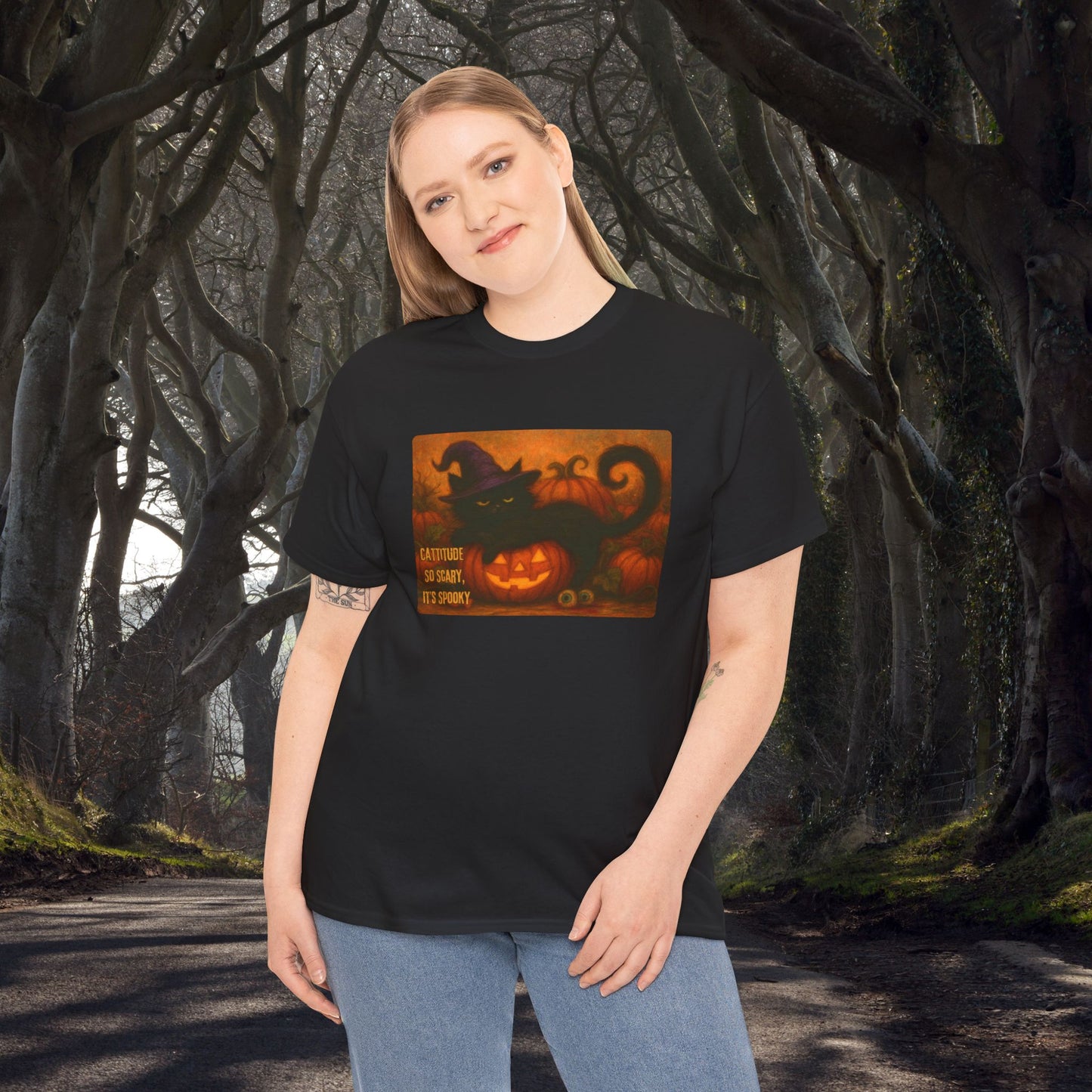 Catitude So Scary, It's Spooky - Black Cat Halloween Tee, Cute Halloween Shirt, Unisex Graphic Tee, Trick or Treat Apparel