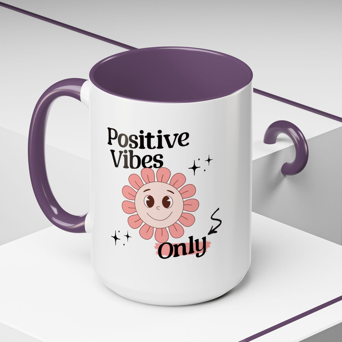 Retro Smiling Pink Flower Accent Coffee Mug — "Positive Vibes Only"