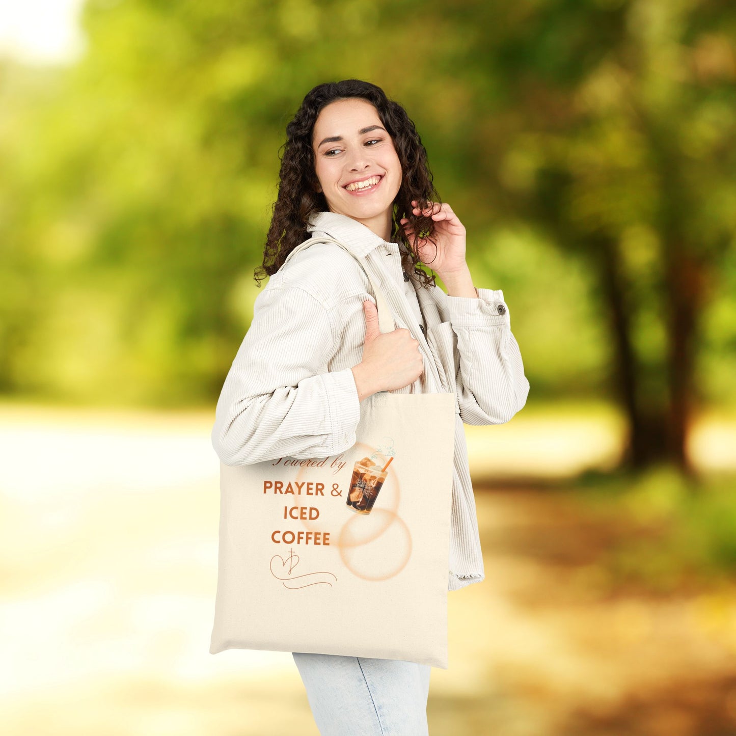 Powered by Prayer & Iced Coffee - Christian Canvas Tote for Faithful Sips & Errands - Inspirational Canvas Bag, Coffee Lover Gift, Eco-Friendly Tote, Summer Tote Bag