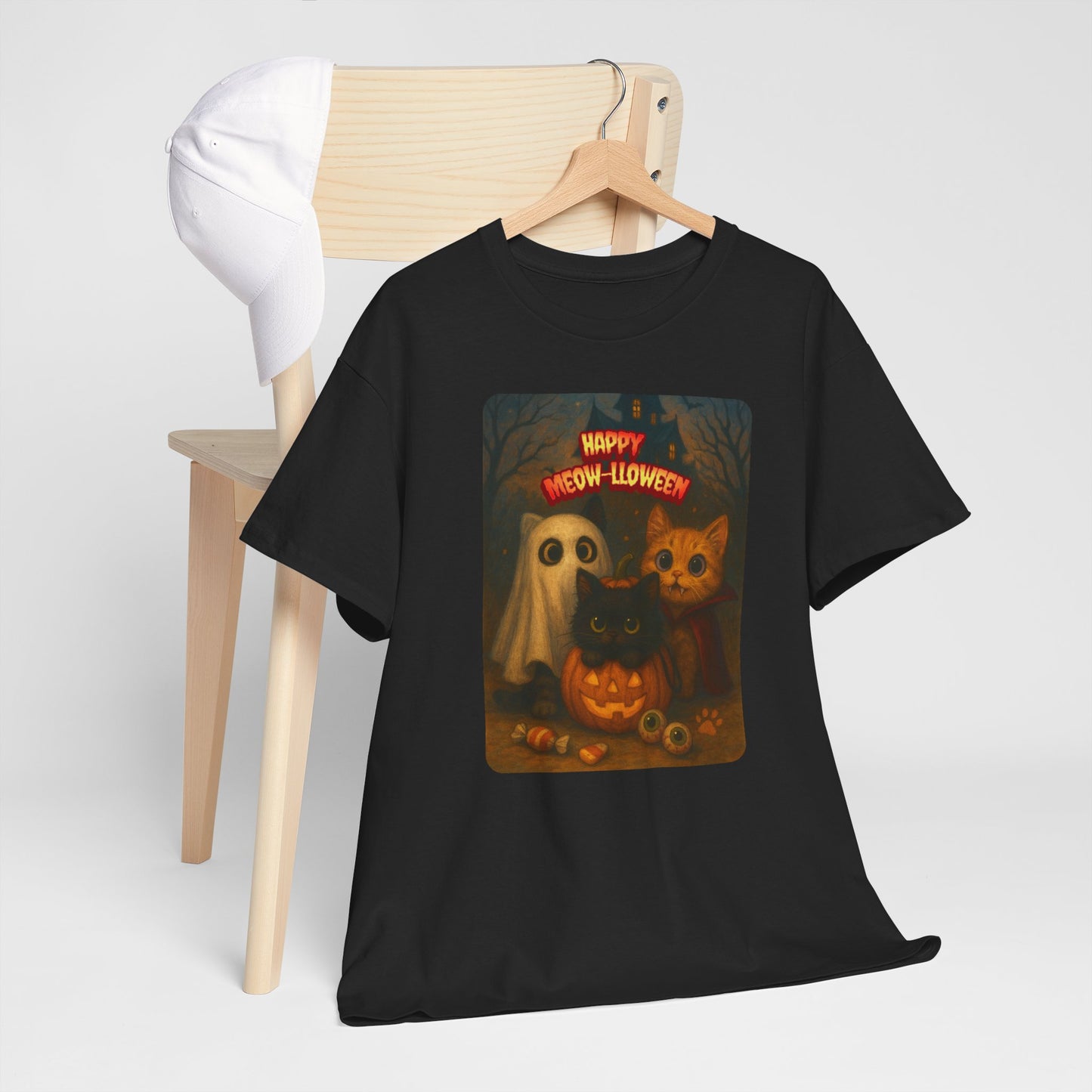 Happy Meow-lloween Unisex Tee, Halloween Cat T-Shirt, Cat Lover Shirt, Ghost and Cat Design, Cozy Fall Apparel, Spooky Season Clothing