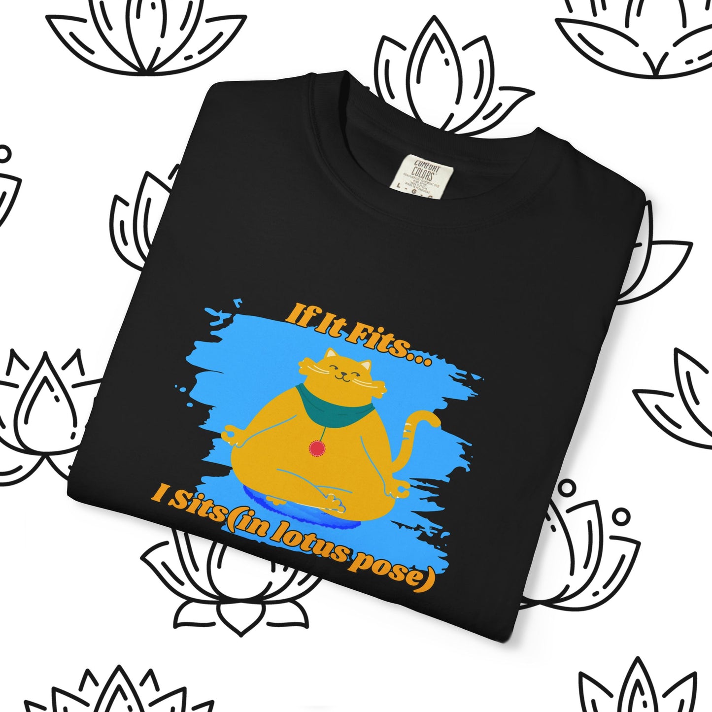 "If It Fits, I Sit" - Relaxed Yoga Cat T-shirt, Yoga Apparel, Animal Lover Gift, Meditation Top, Funny Cat Shirt
