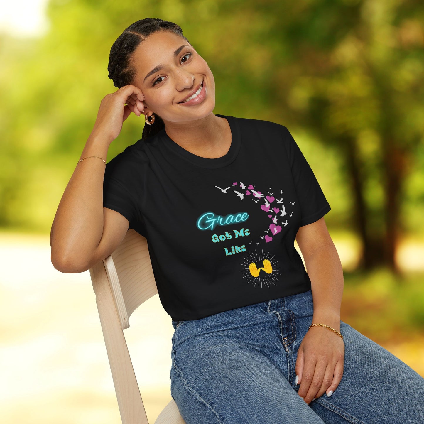 Grace Got Me Like🙌 Spiritual T-Shirt - Funny Faith Graphic Tee for Blessed Vibes, Uplifting Gift for Friends, Motivational Apparel