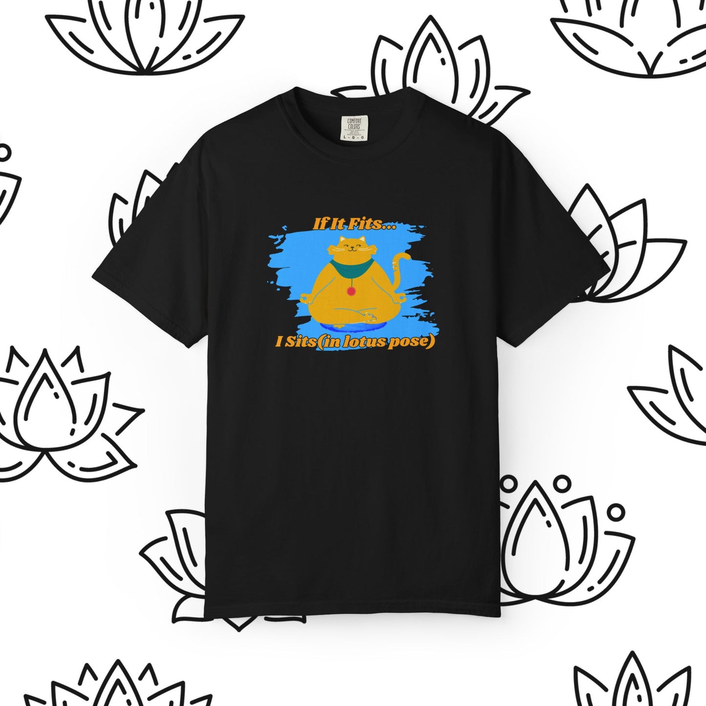 "If It Fits, I Sit" - Relaxed Yoga Cat T-shirt, Yoga Apparel, Animal Lover Gift, Meditation Top, Funny Cat Shirt