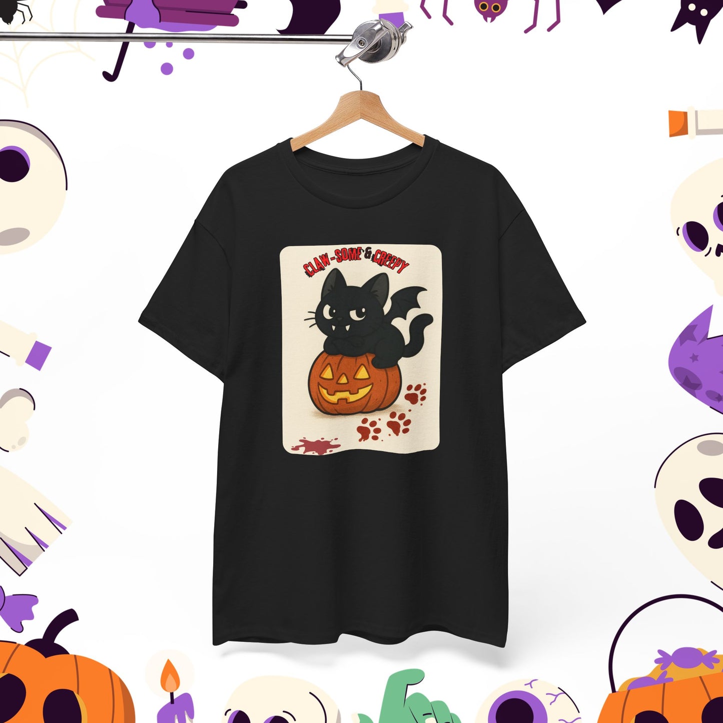 Claw-Some and Creepy - Halloween Cat Tee, Black Cat T-Shirt, Pumpkin Graphic Tee, Spooky Season Apparel, Cute Halloween Gift