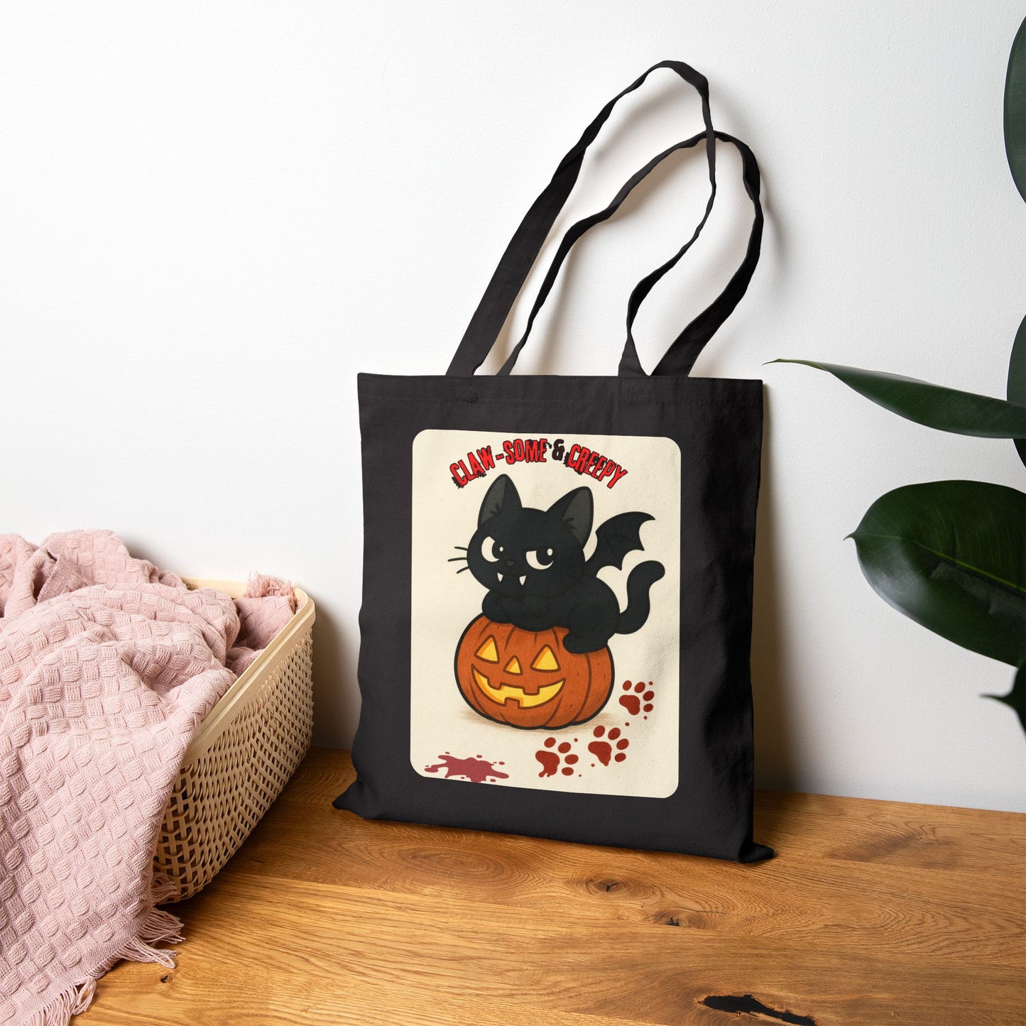 Claw-Some and Creepy - Halloween Cat Tote Bag, Spooky Canvas Shopper, Trick or Treat Gift, Pumpkin Decoration, Fall Accessory