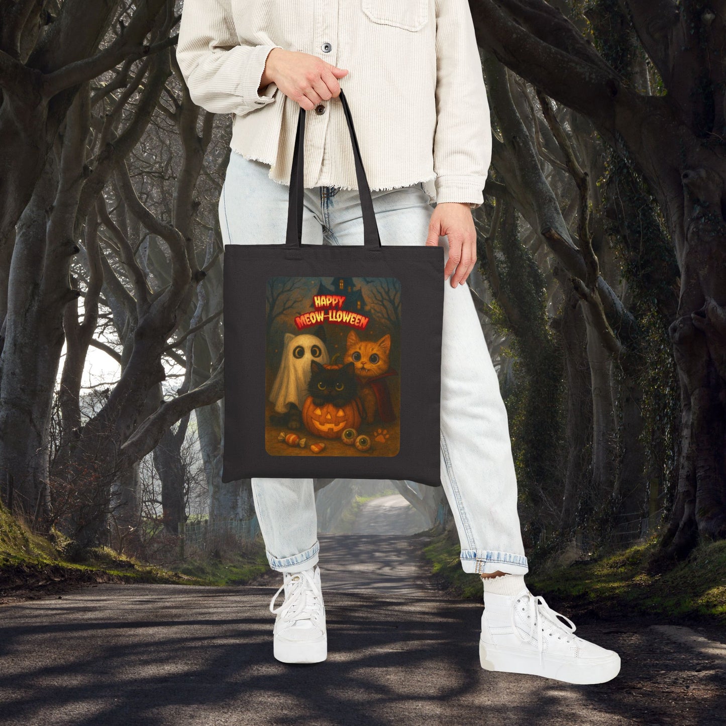 Halloween Cat-Themed Cotton Canvas Tote Bag, Eco-Friendly, Trick or Treat, Party Favor, Fall Decor, Stylish Reusable Bag