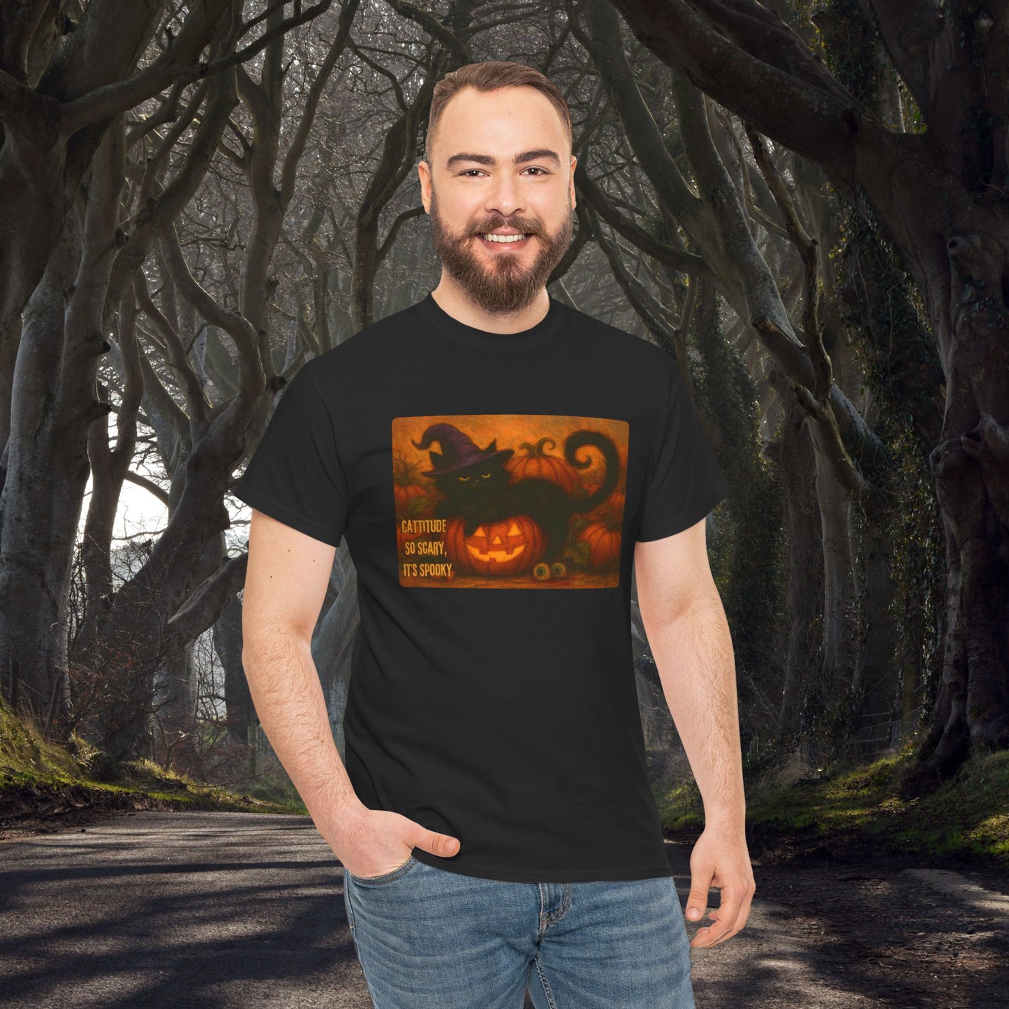 Catitude So Scary, It's Spooky - Black Cat Halloween Tee, Cute Halloween Shirt, Unisex Graphic Tee, Trick or Treat Apparel