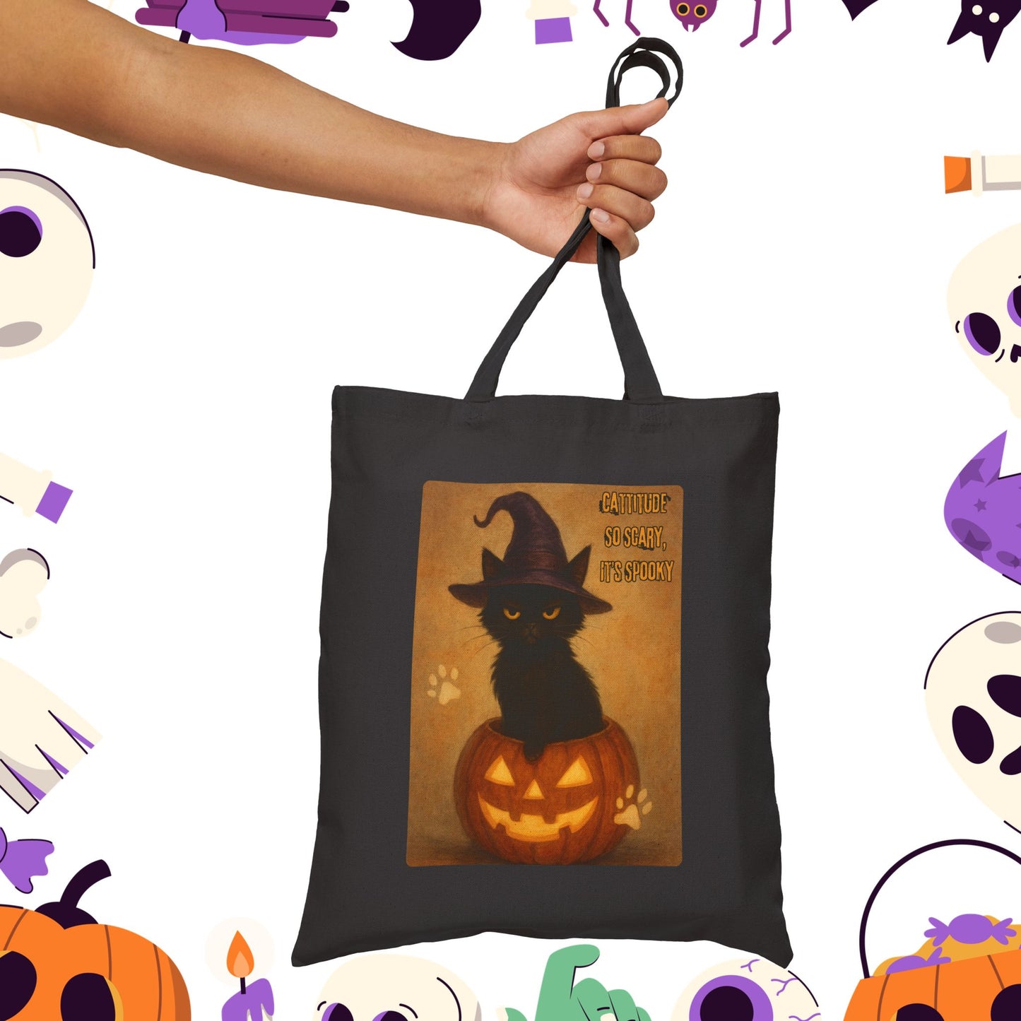 Catitude So Scary, It's Spooky Halloween Cat Tote Bag, Fabric Shopping Bag, Gift for Cat Lovers, Eco-Friendly Reusable Tote, Halloween Decoration