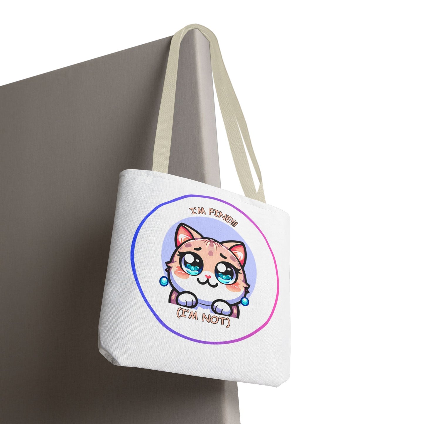 Cute Kawaii Cat Meltdown Emote Tote Bag — "I’m Fine(I'm Not)" Graphic Tote