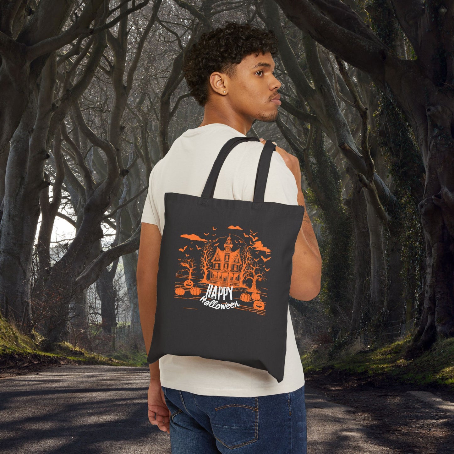 Midnight Mischief at the Haunted Hollow - Happy Halloween Cotton Canvas Tote Bag, Spooky Trick or Treat Bag, Eco-Friendly Halloween Shopping Bag, Fall Festival Tote