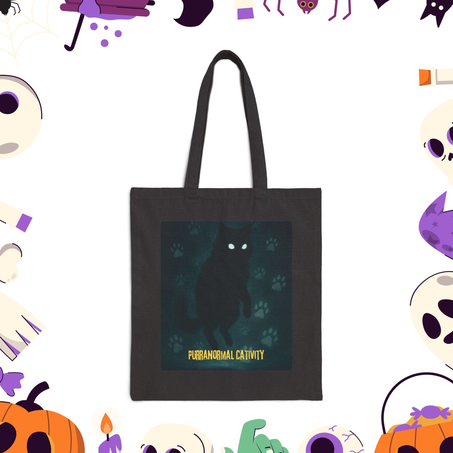 Purranormal Cativity Halloween Cat Cotton Canvas Tote Bag, Spooky Tote, Ghostly Shopping Bag, Eco-Friendly Trick-or-Treat Bag, Paranormal Cativity Bag